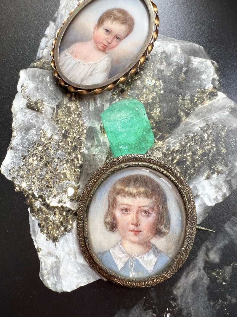 French Antique Child Louis XVI miniature portrait silver brooch