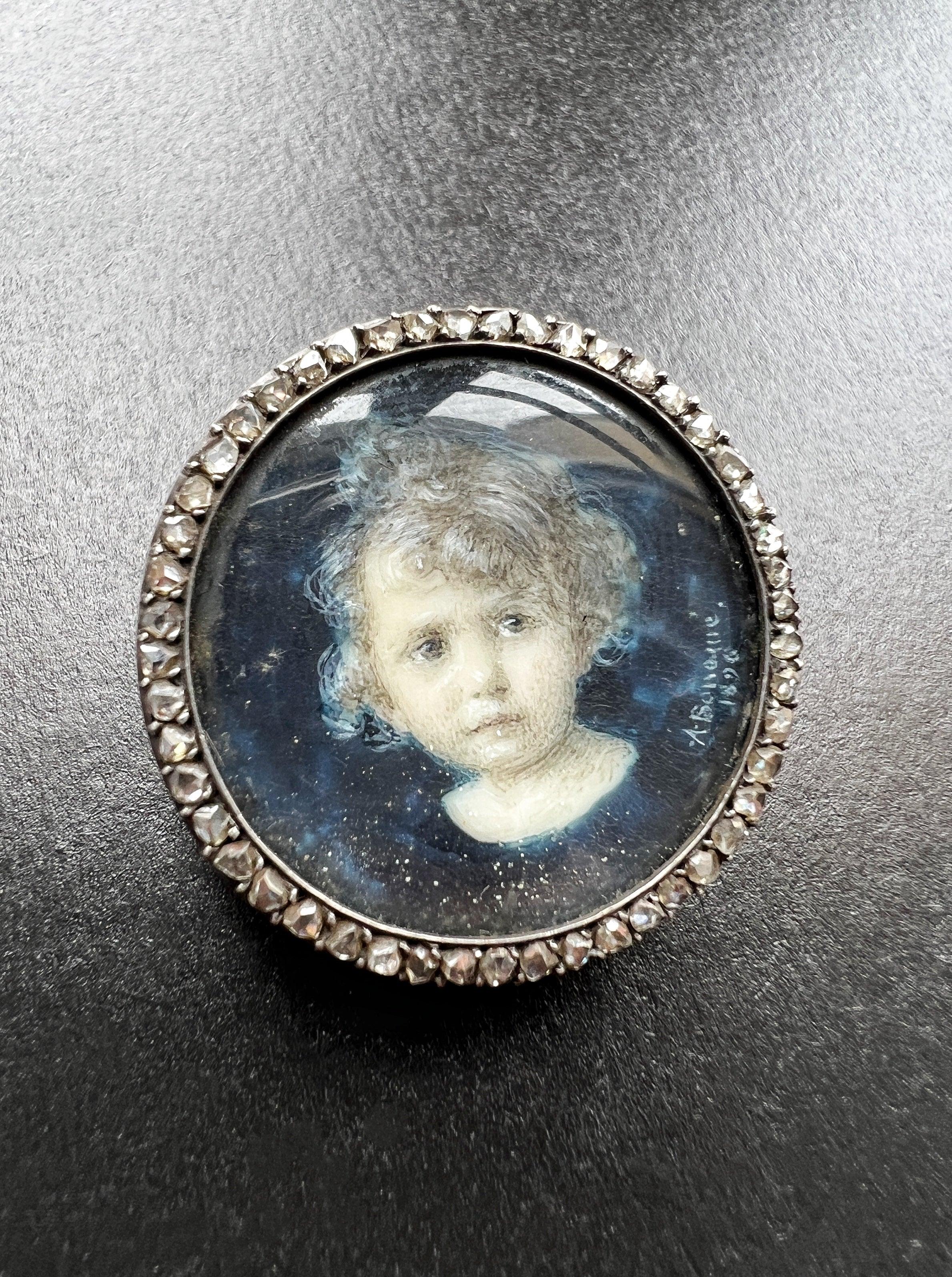 Victorian era 18K gold rose cut diamond child miniature portrait brooch - Curiously timeless