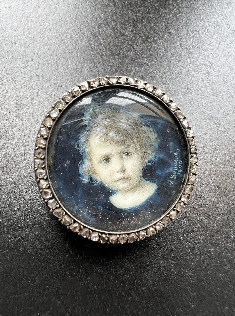 Victorian era 18K gold rose cut diamond child miniature portrait brooch