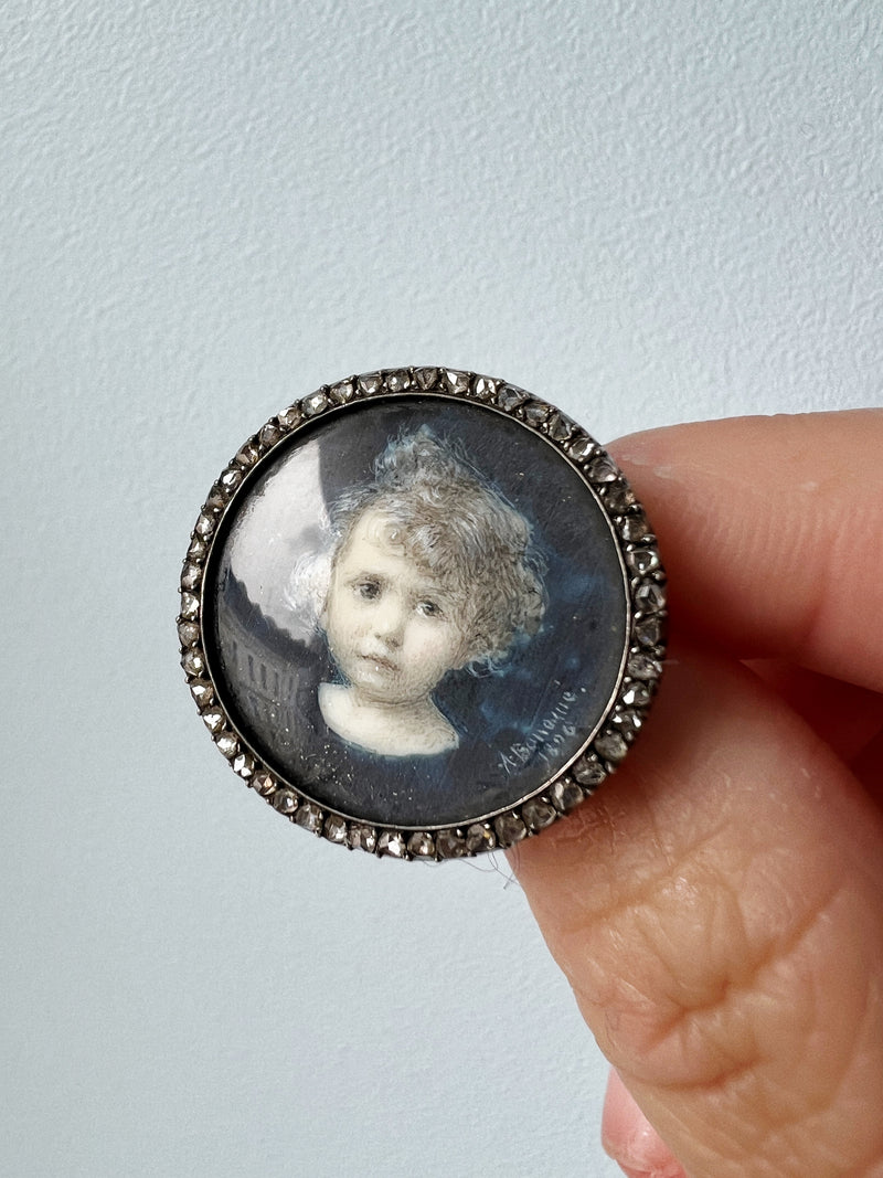 Victorian era 18K gold rose cut diamond child miniature portrait brooch