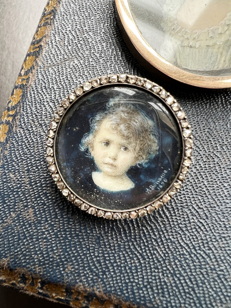 Victorian era 18K gold rose cut diamond child miniature portrait brooch