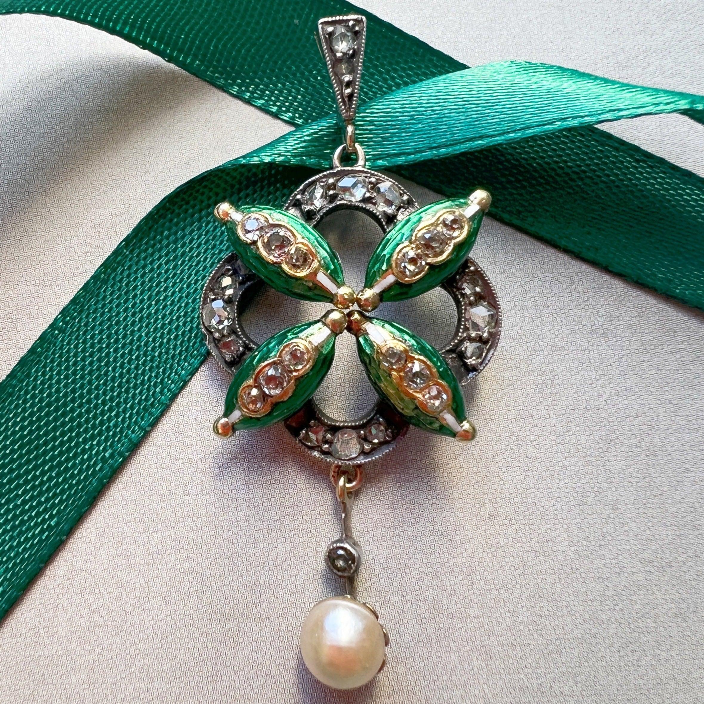 Victorian era 18K gold diamond pearl green enameled pendant - Curiously timeless