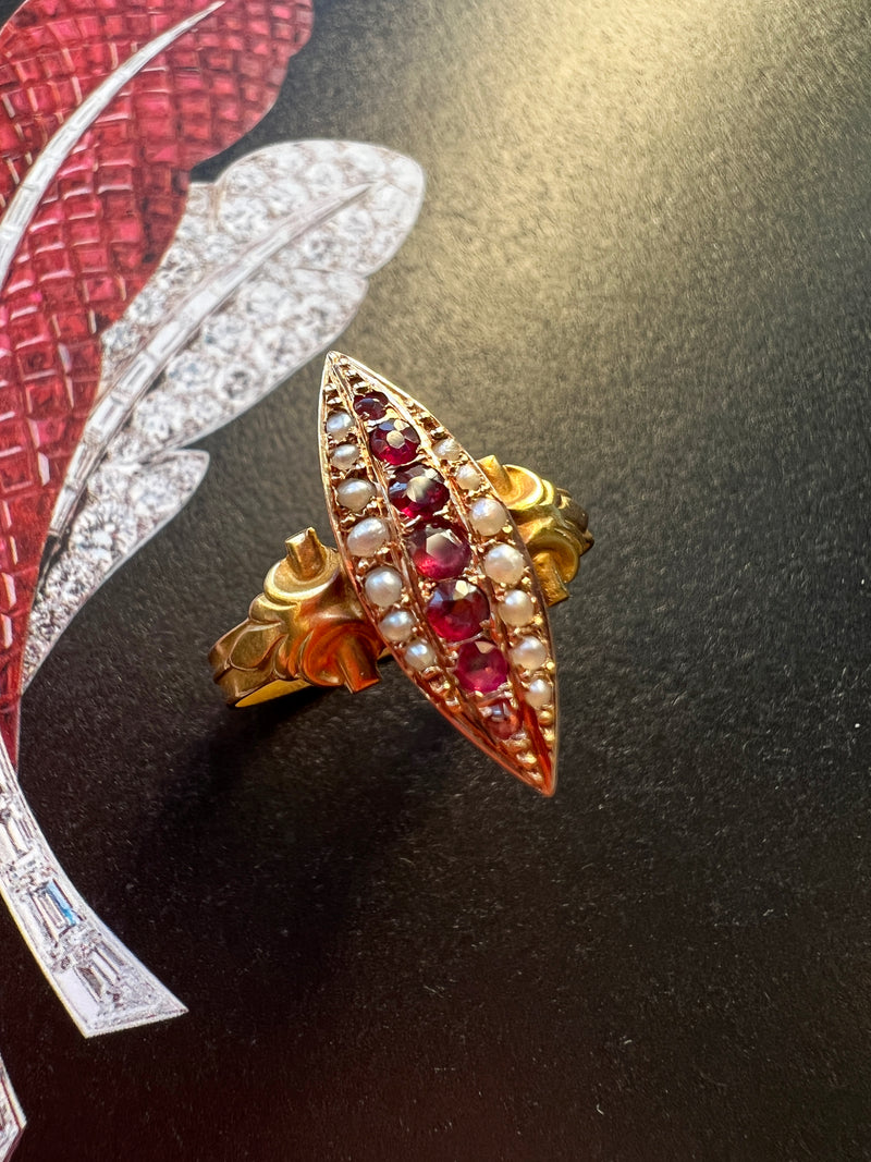 Victorian era 18k gold Ruby Garnet Pearl marquise ring