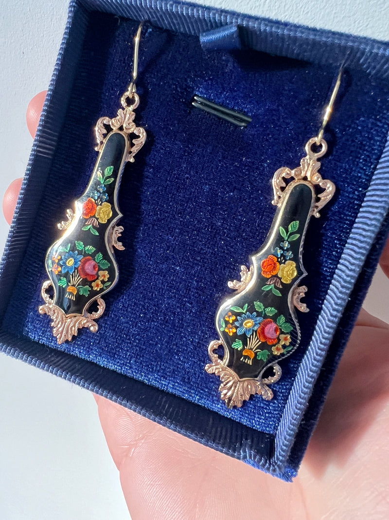 Victorian era 18K gold enamel flower drop earrings