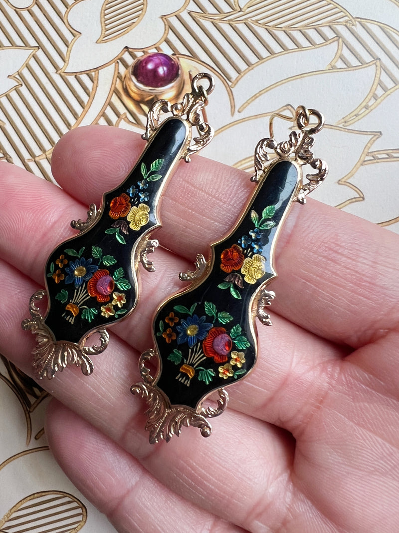 Victorian era 18K gold enamel flower drop earrings