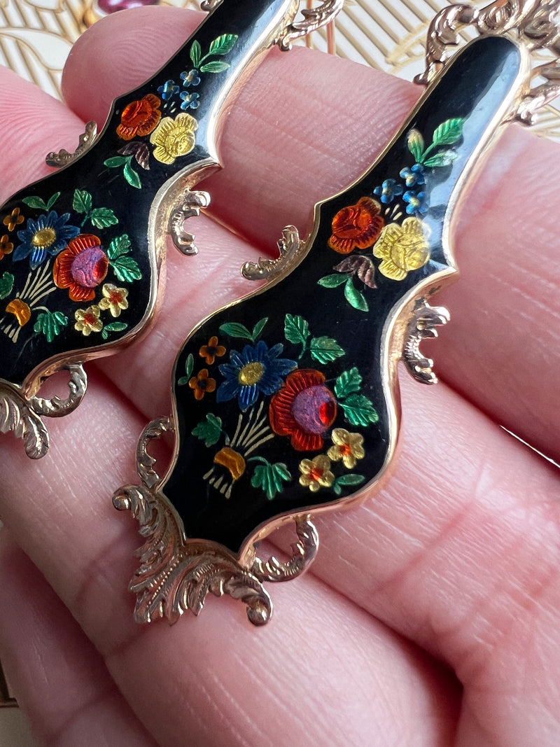 Victorian era 18K gold enamel flower drop earrings