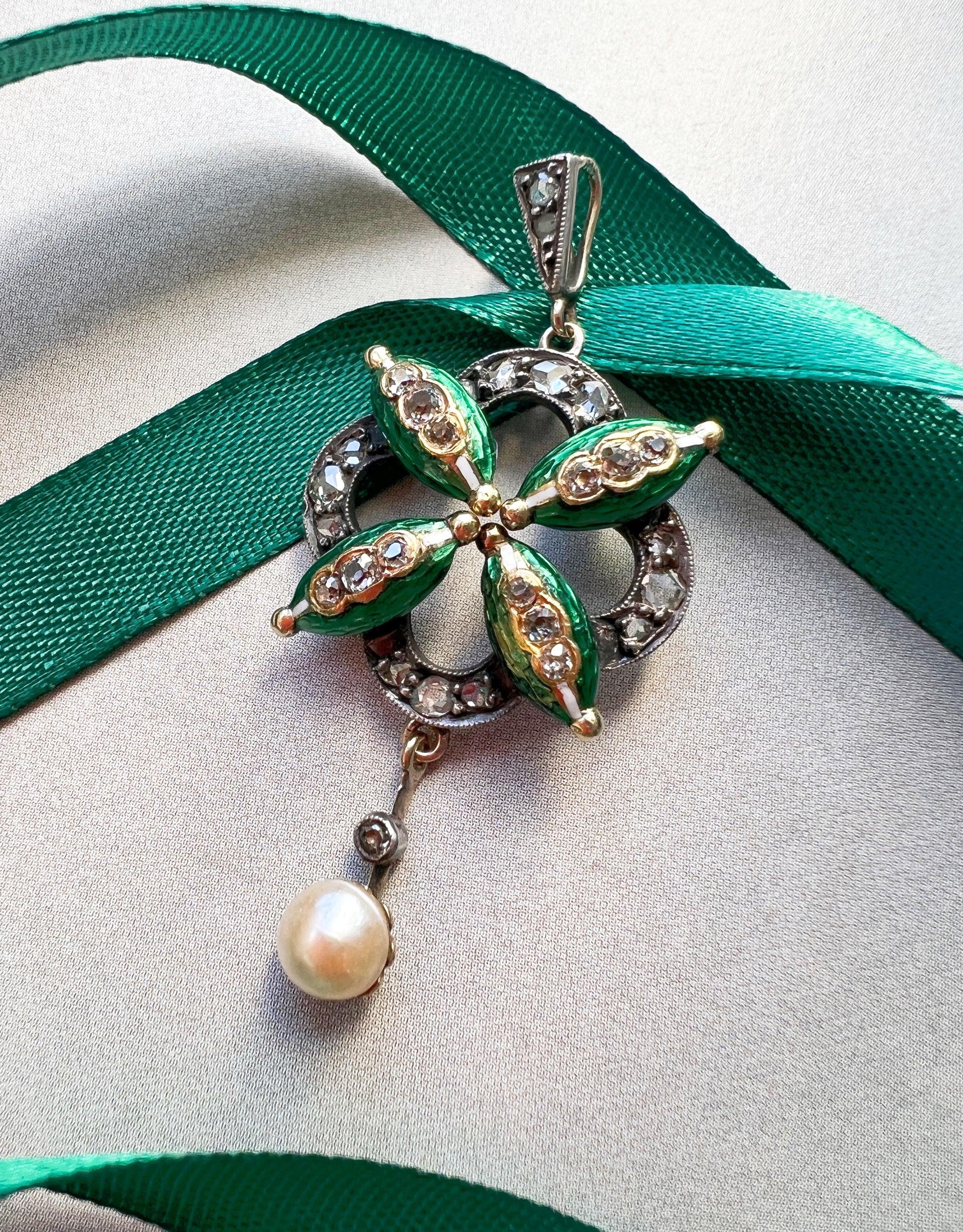 Victorian era 18K gold diamond pearl green enameled pendant - Curiously timeless