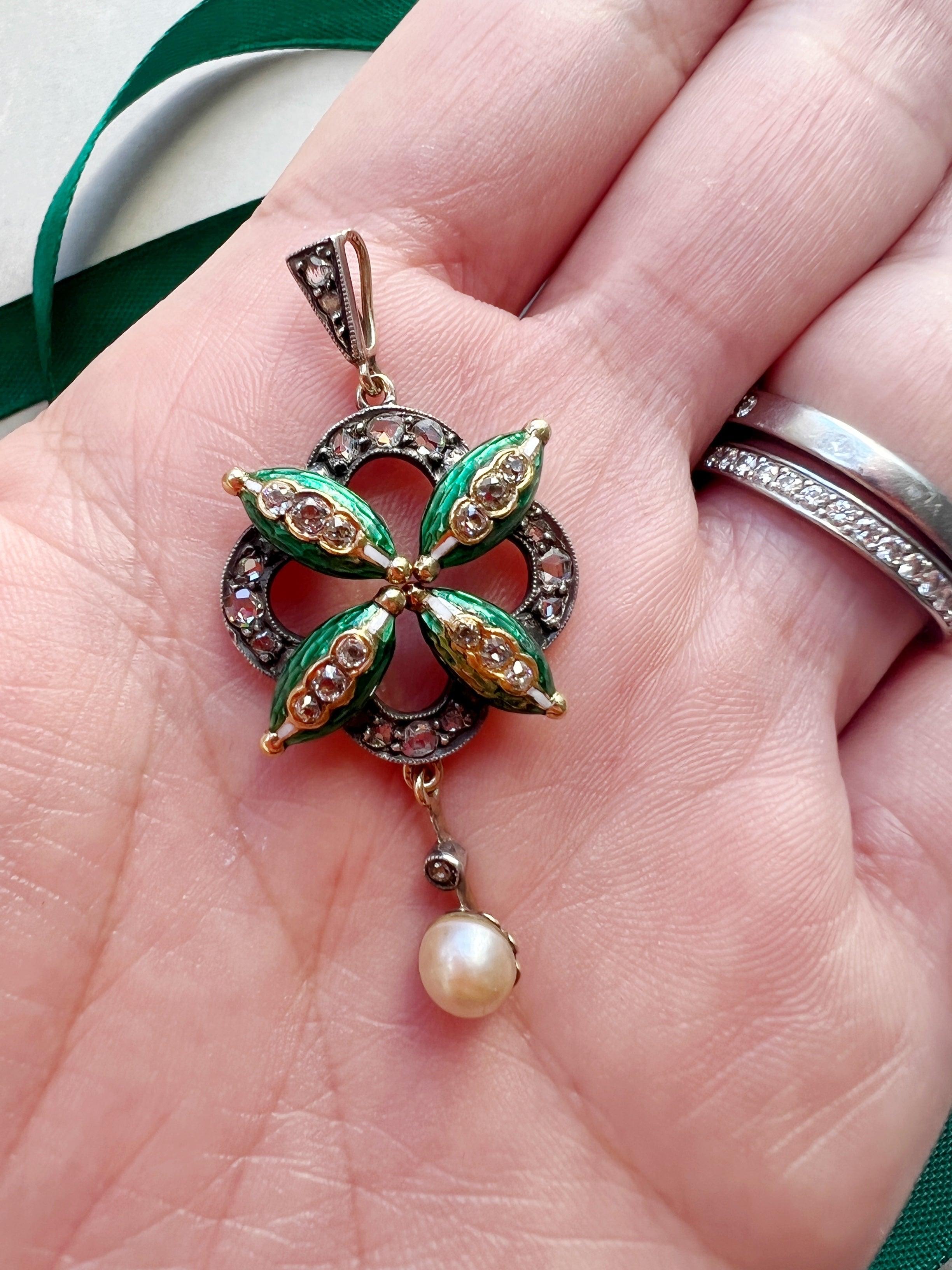 Victorian era 18K gold diamond pearl green enameled pendant - Curiously timeless