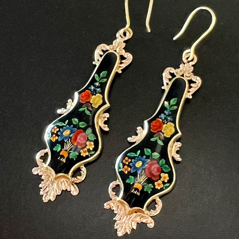 Victorian era 18K gold enamel flower drop earrings