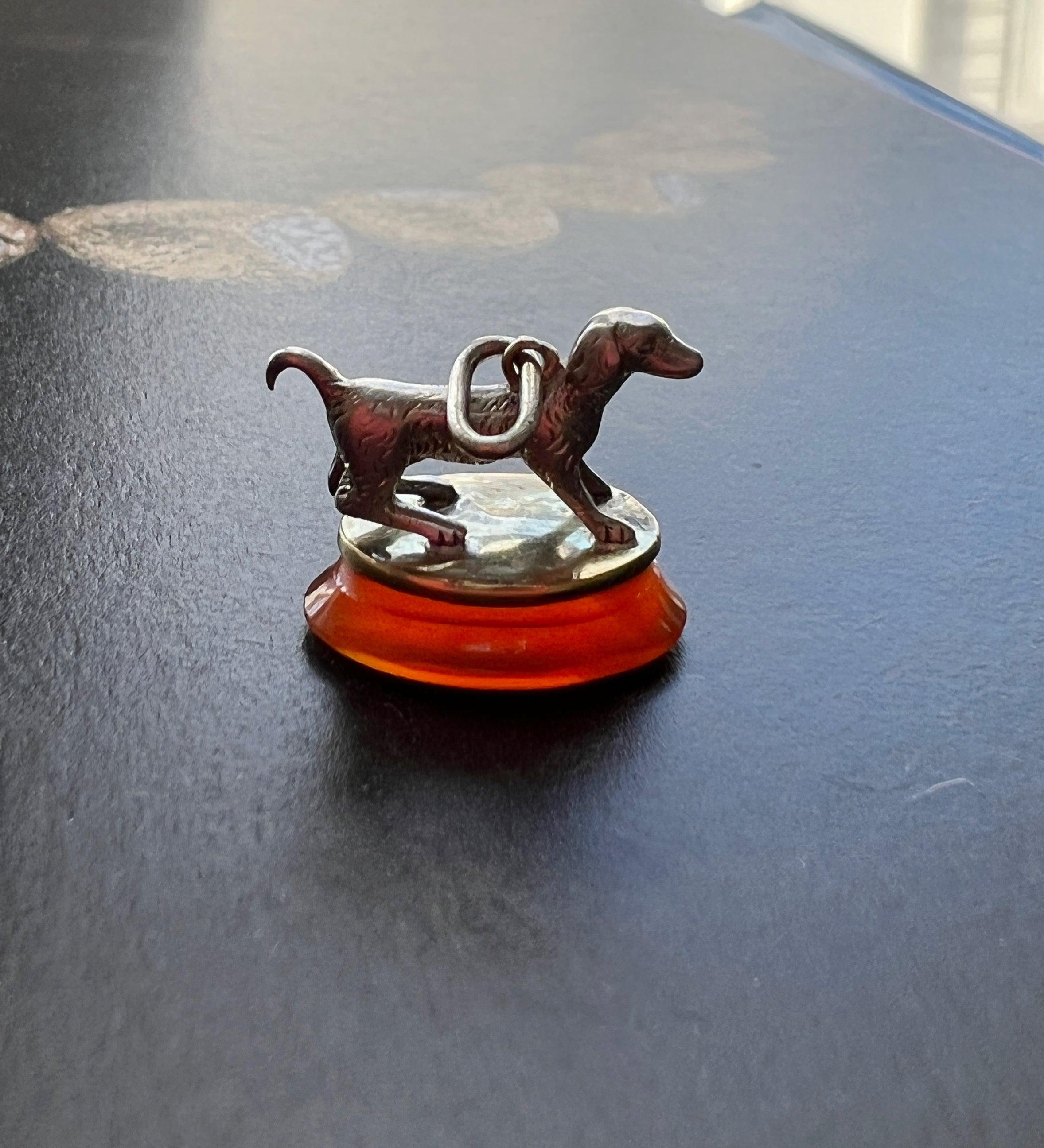 Sweet Antique Gold Silver Dog Fob Carnelian pendant - Curiously timeless