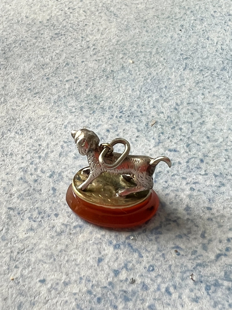 Sweet Antique Gold Silver Dog Fob Carnelian pendant