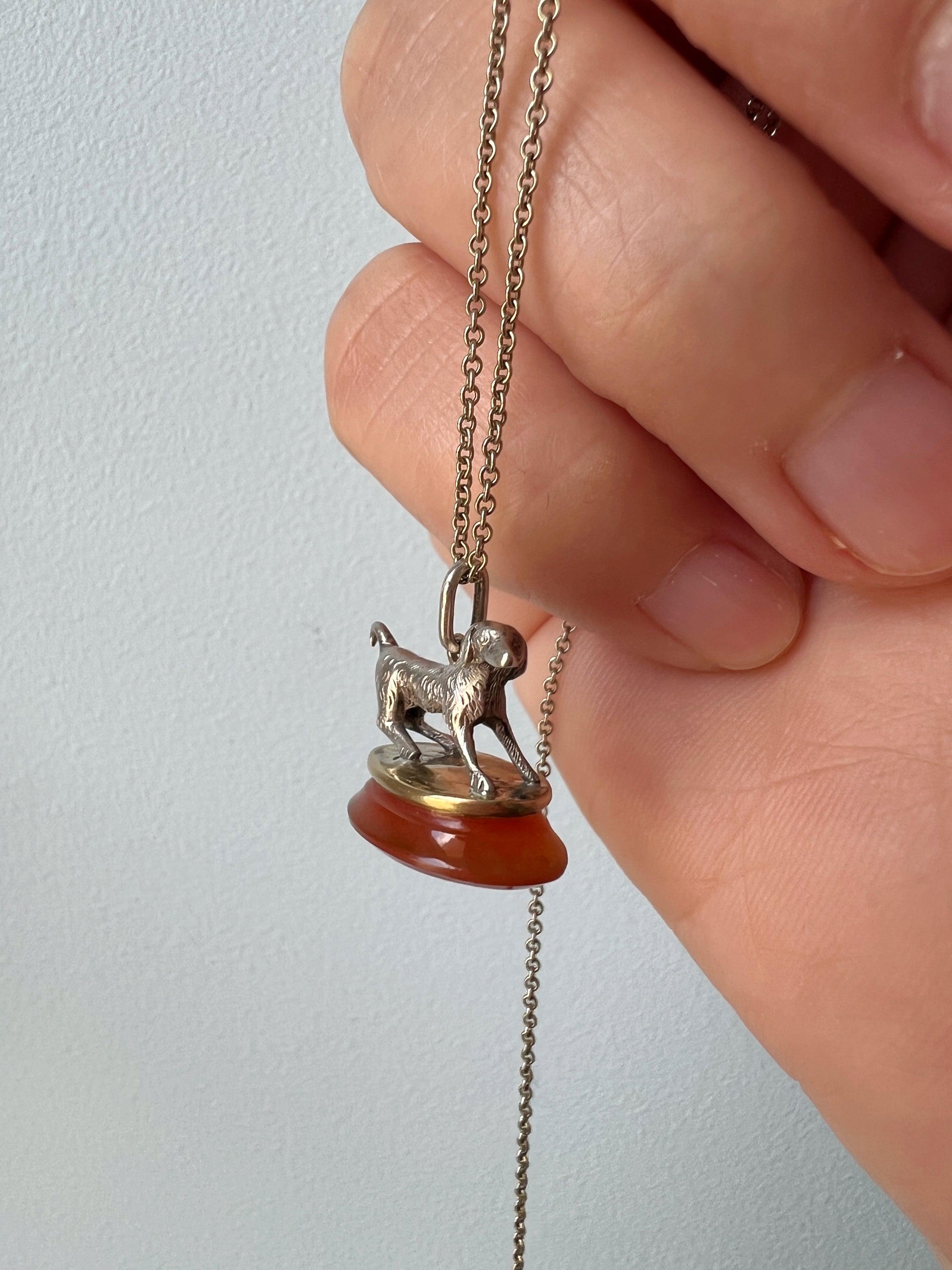 Sweet Antique Gold Silver Dog Fob Carnelian pendant - Curiously timeless