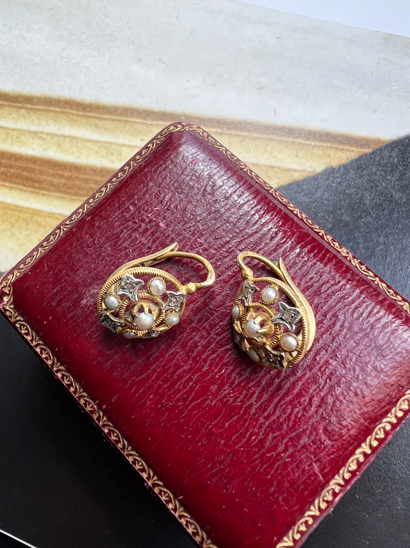 Antique boxed 18K gold diamond pearl dangle earrings