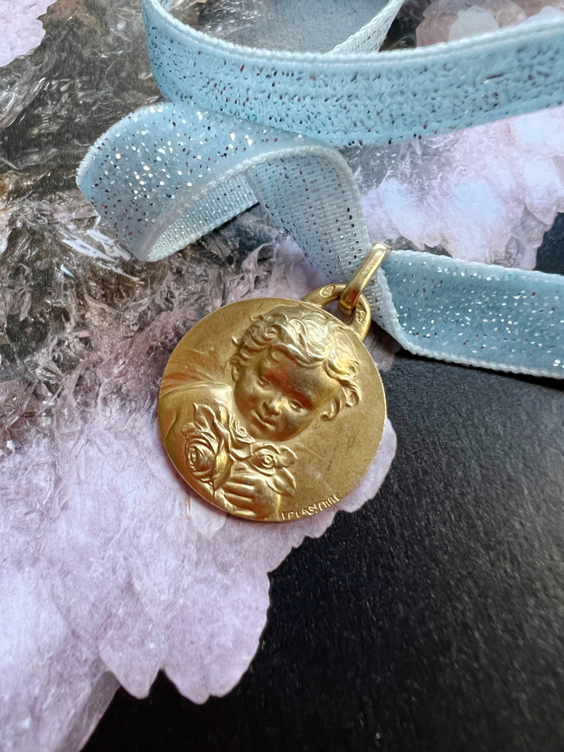 Beautiful French antique 18K gold angel rose medal pendant signed LASSERRE