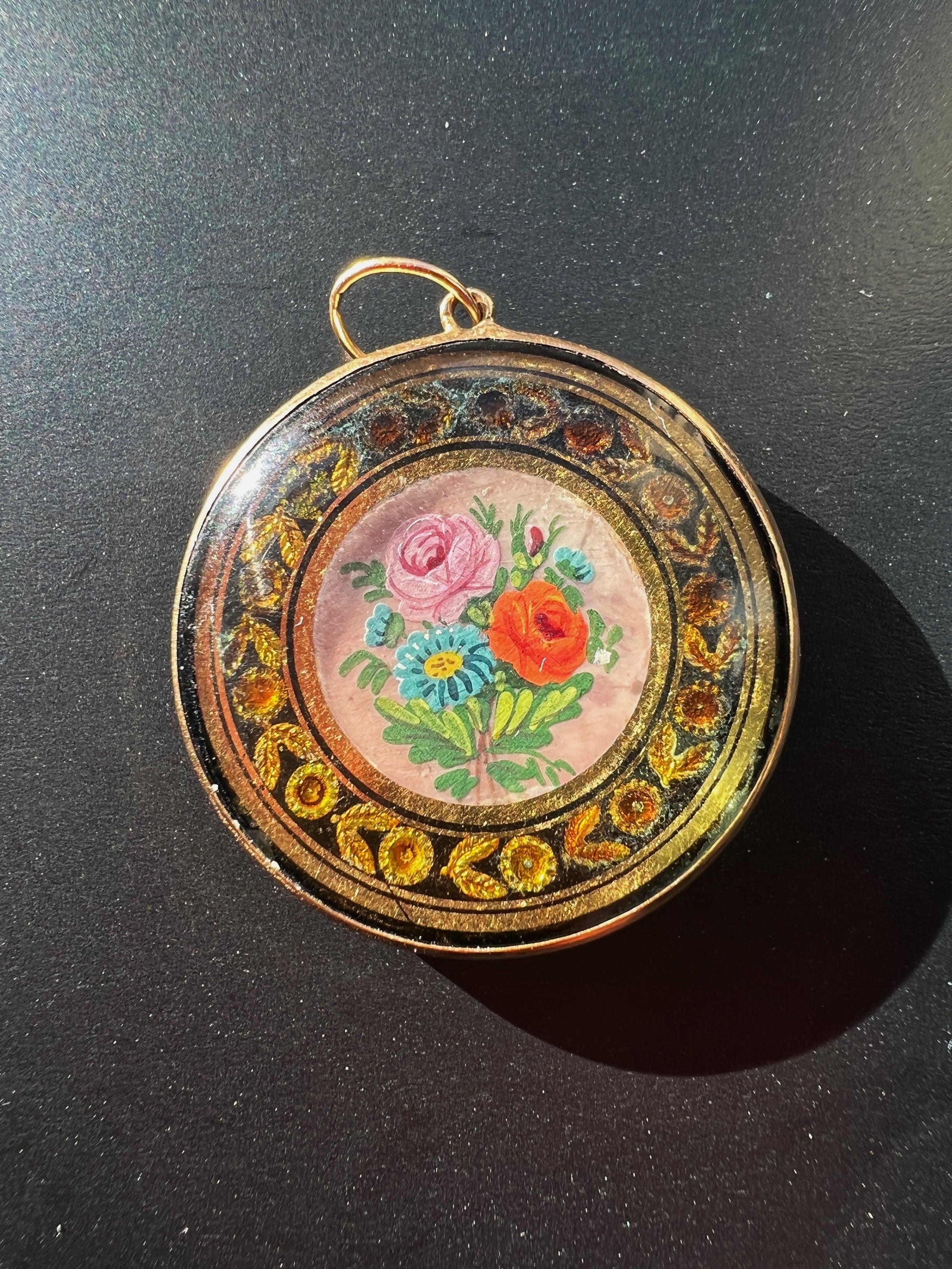 Rare Georgian era 18K gold miniature painting rose pendant - Curiously timeless