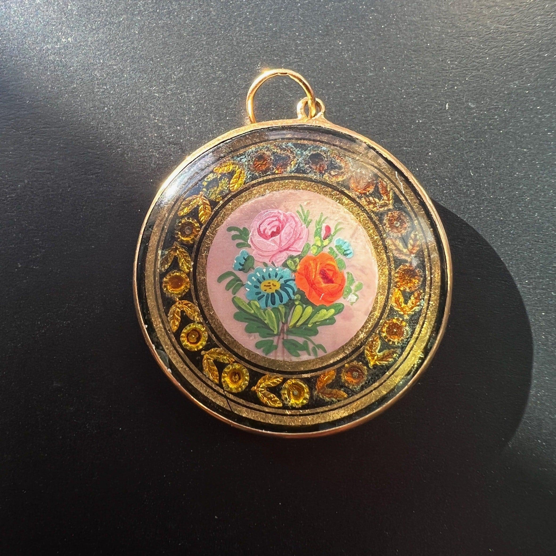 Rare Georgian era 18K gold miniature painting rose pendant - Curiously timeless