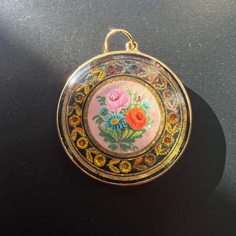 Rare Georgian era 18K gold miniature painting rose pendant