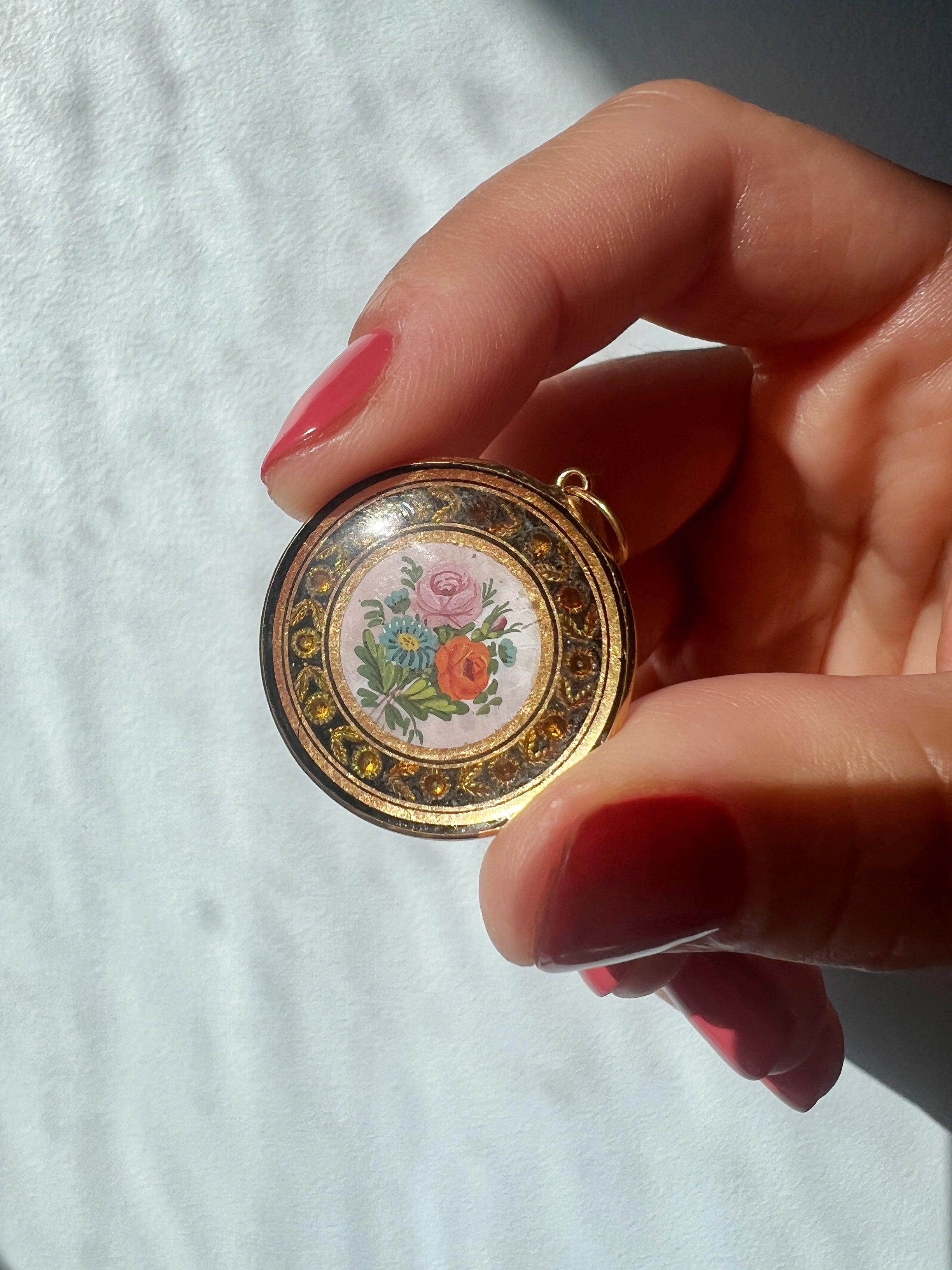 Rare Georgian era 18K gold miniature painting rose pendant - Curiously timeless