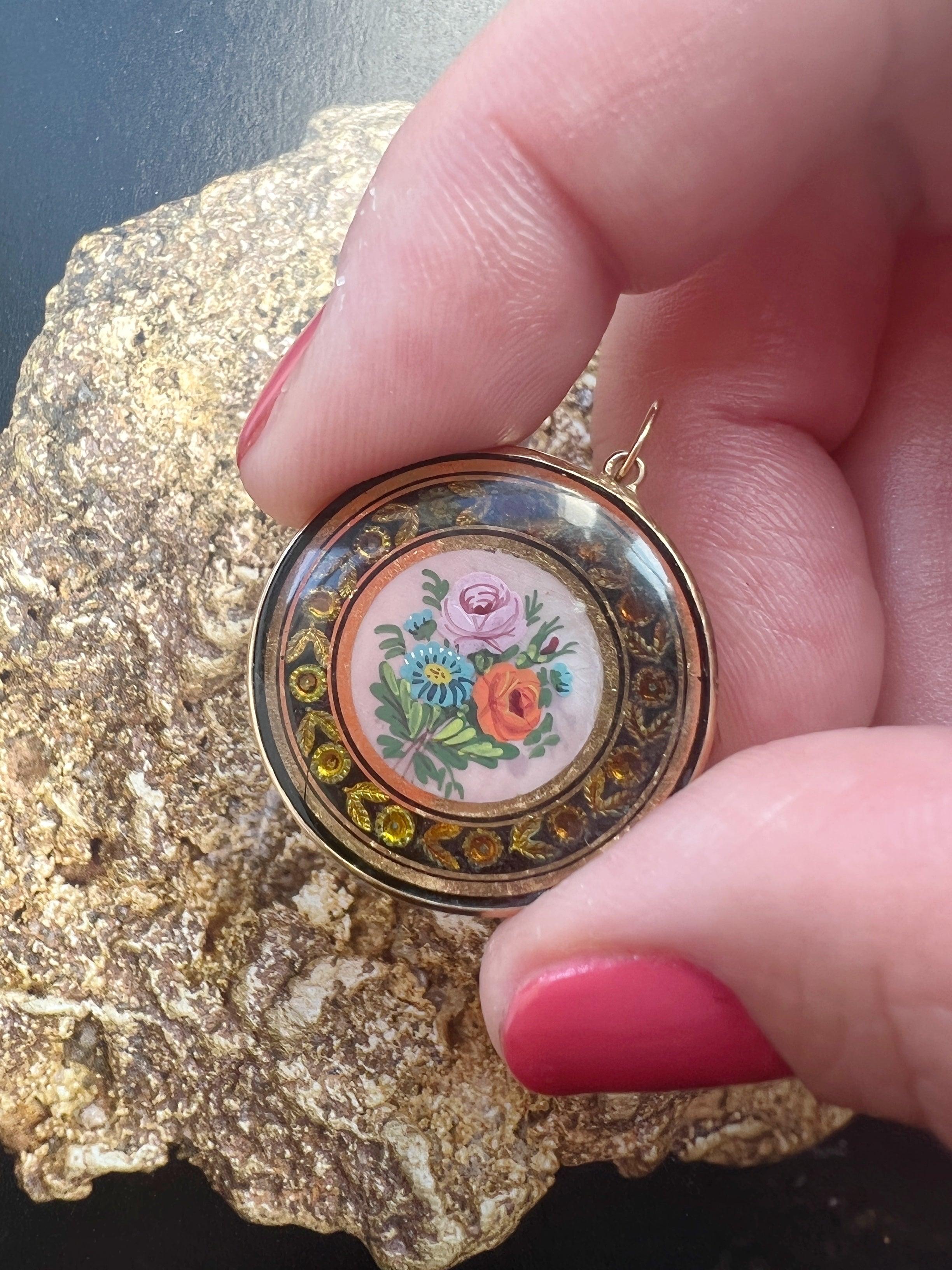 Rare Georgian era 18K gold miniature painting rose pendant - Curiously timeless