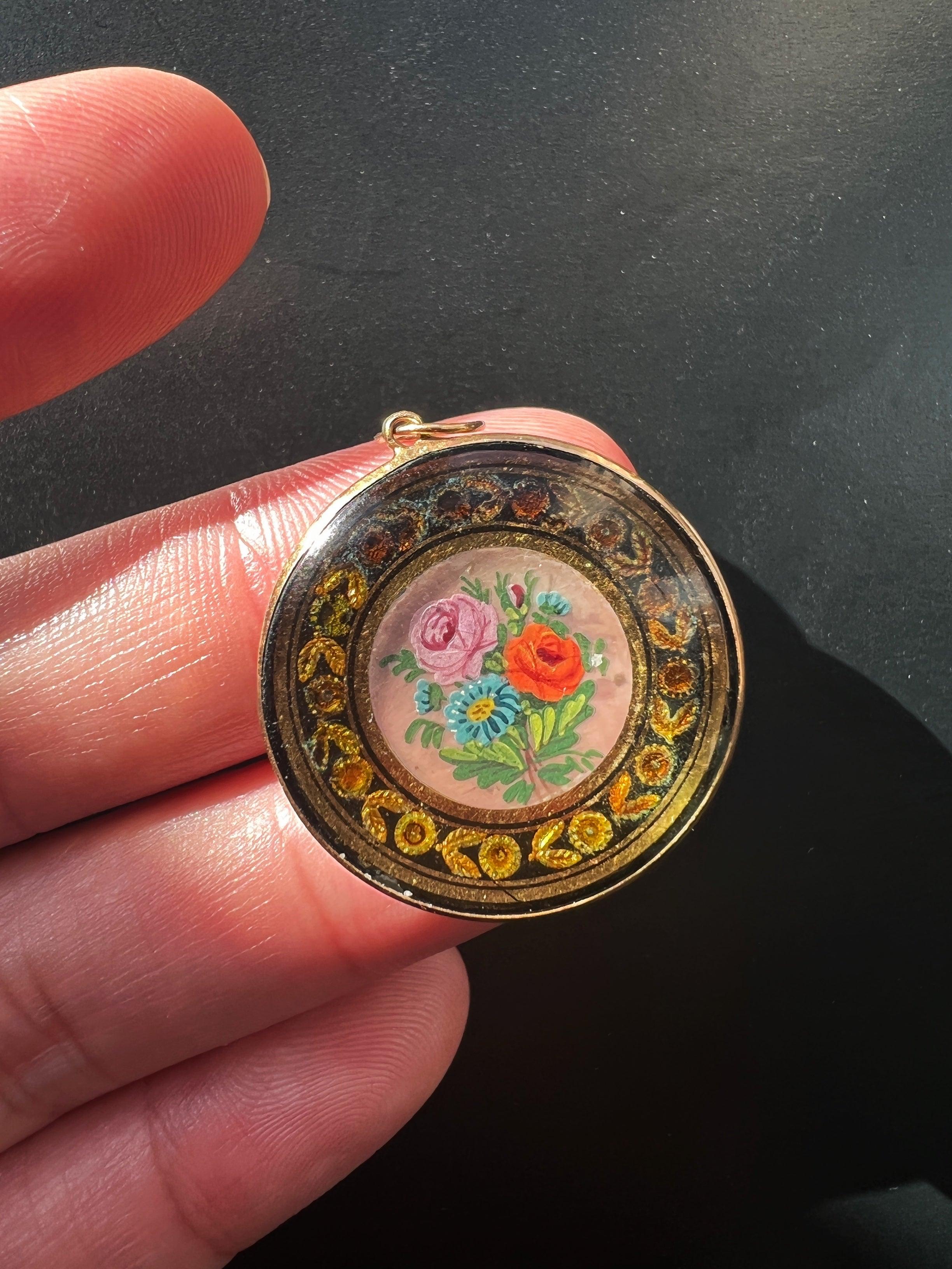 Rare Georgian era 18K gold miniature painting rose pendant - Curiously timeless