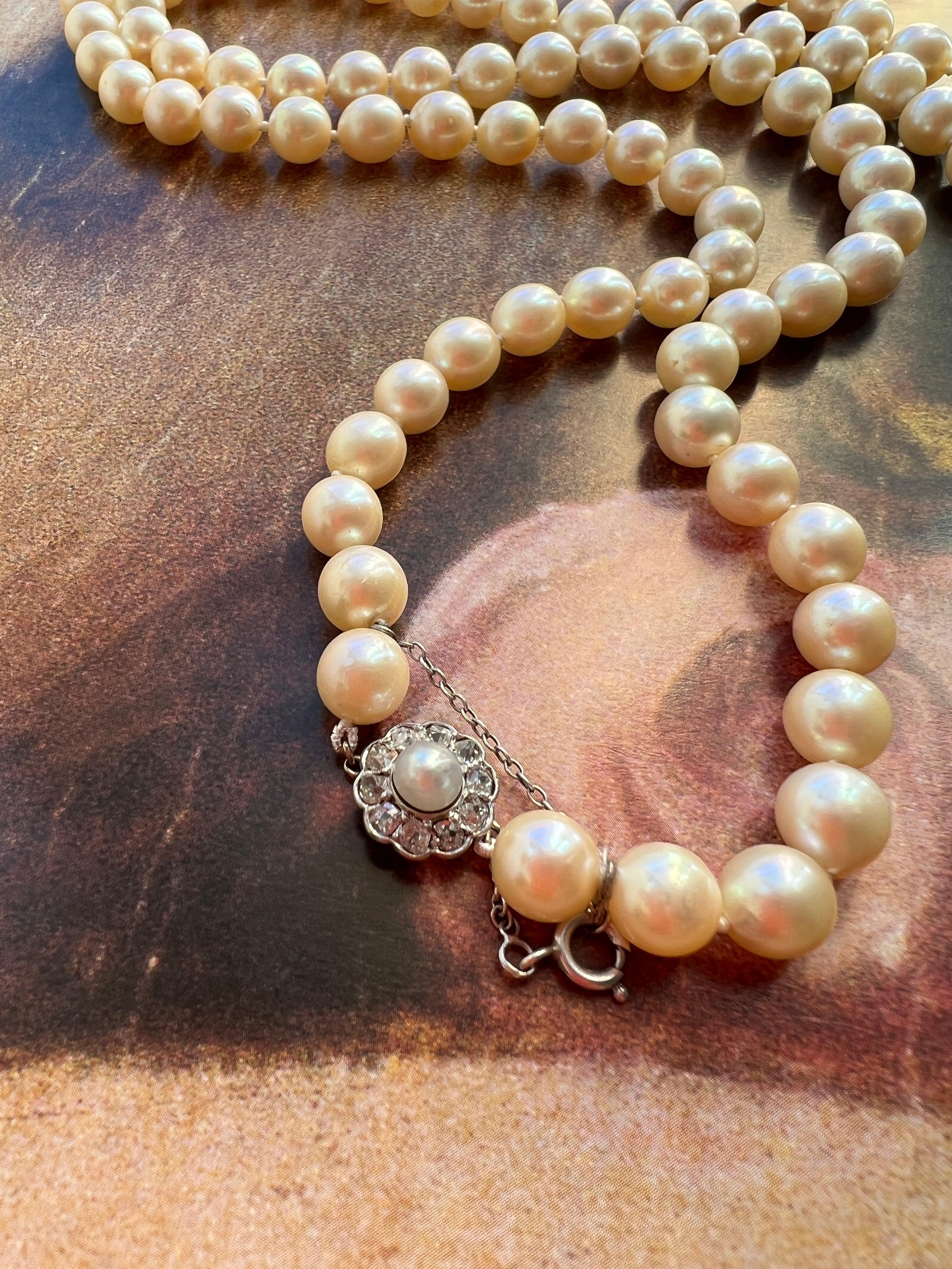 Stunning Art Deco Gold Pearl Opera Long Necklace with Diamond cluster Clasp - Curiously timeless