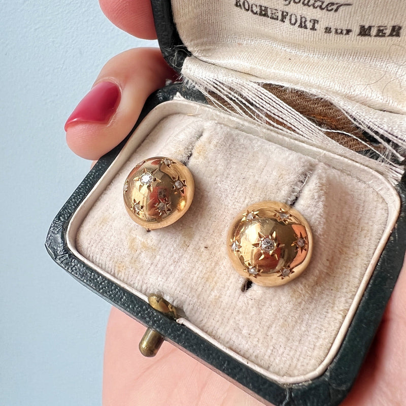 French Vintage 18K gold diamond star bombé earrings