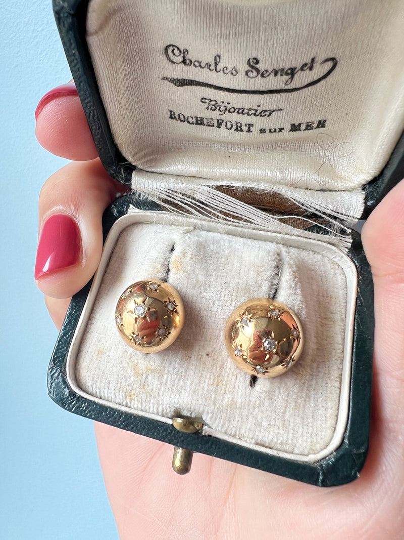 French Vintage 18K gold diamond star bombé earrings