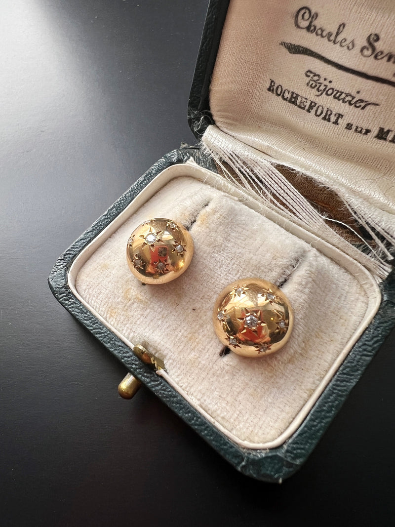 French Vintage 18K gold diamond star bombé earrings