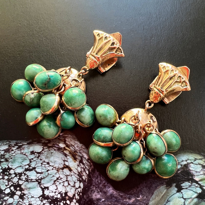 Vintage 9k yellow gold turquoise grape earrings