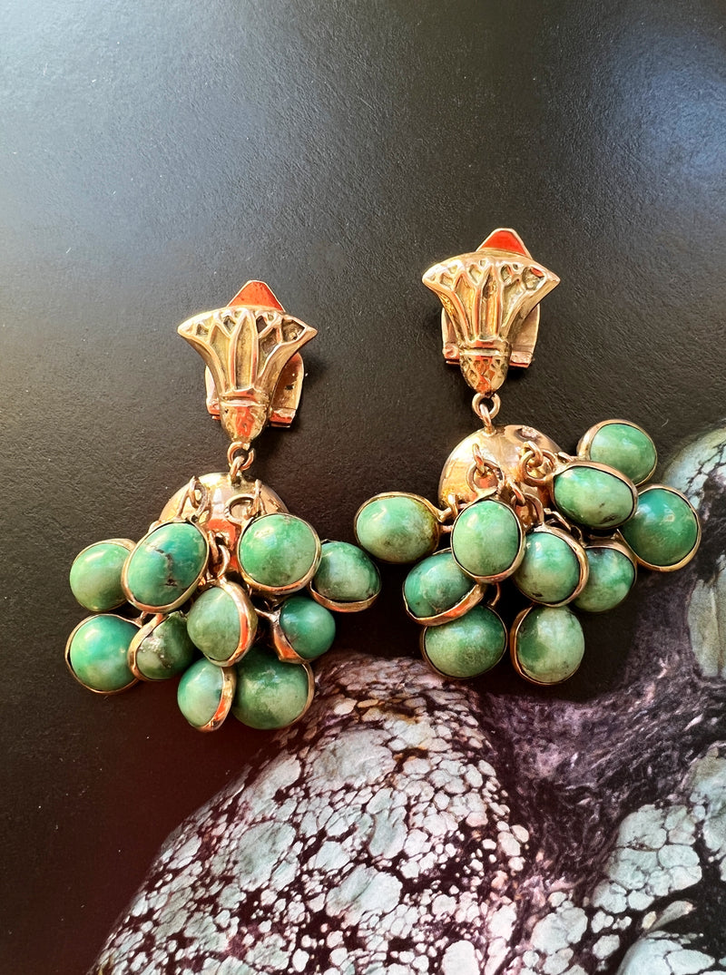 Vintage 9k yellow gold turquoise grape earrings