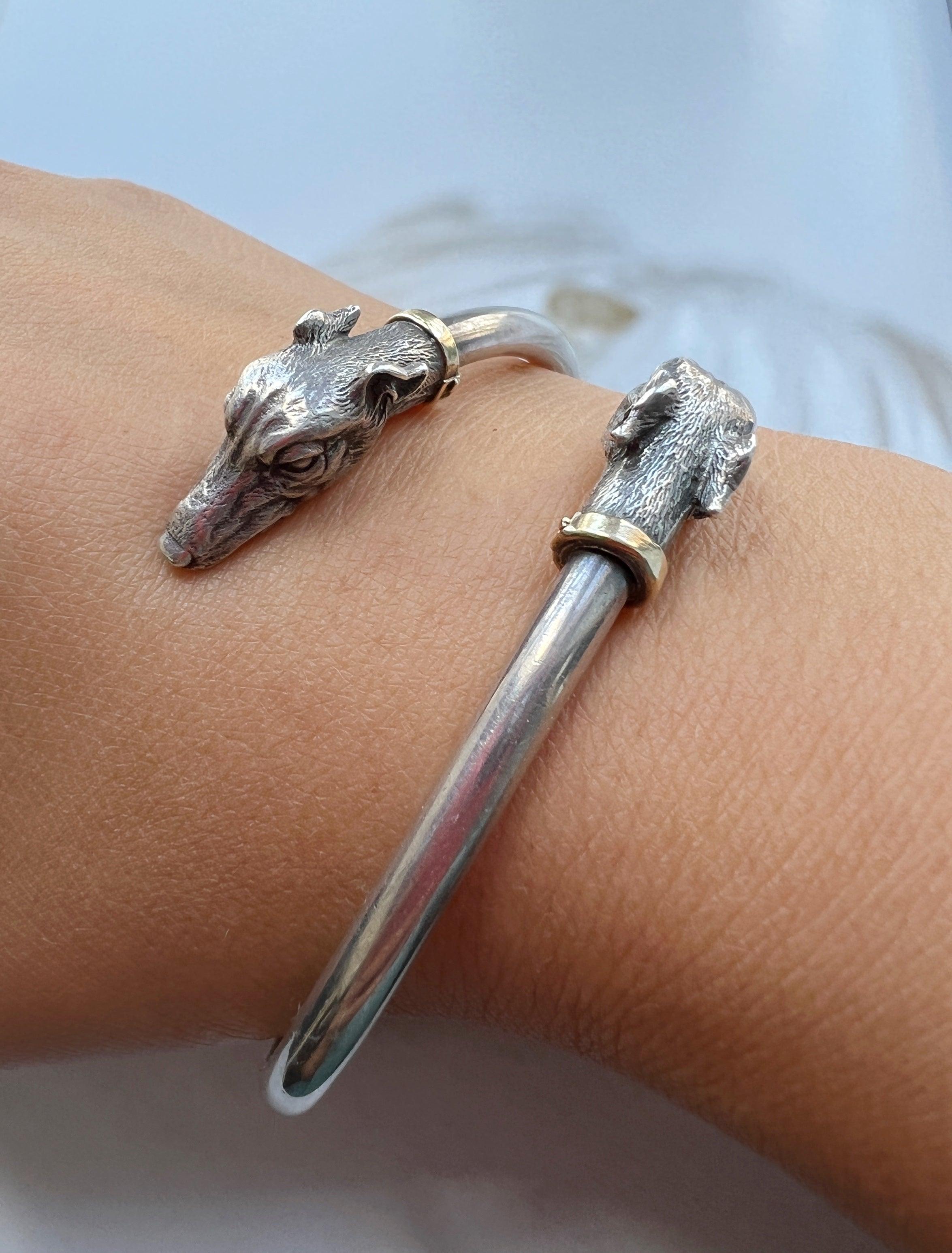 Magnificent vintage Sterling Silver double dog heads bangle bracelet - Curiously timeless