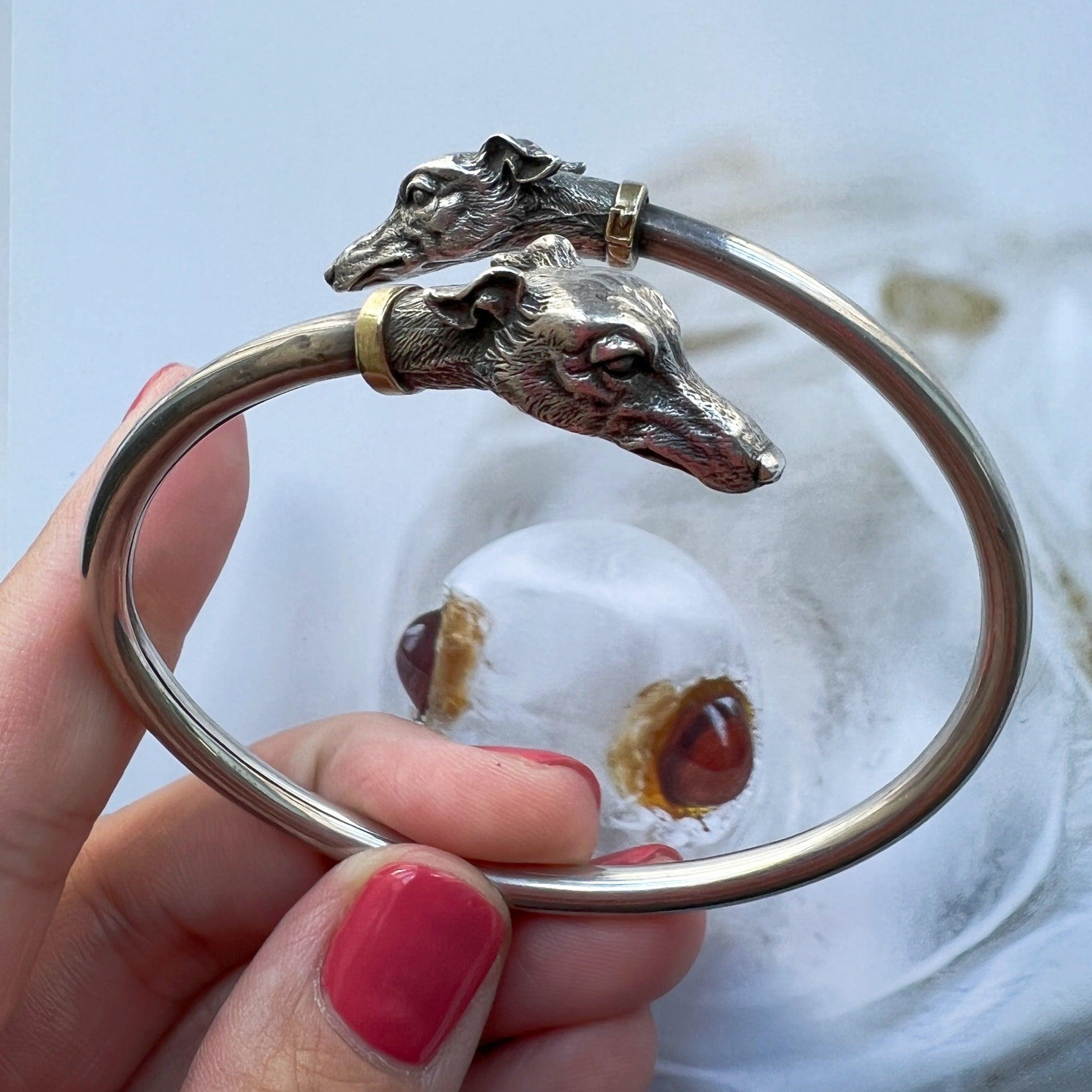 Magnificent vintage Sterling Silver double dog heads bangle bracelet - Curiously timeless