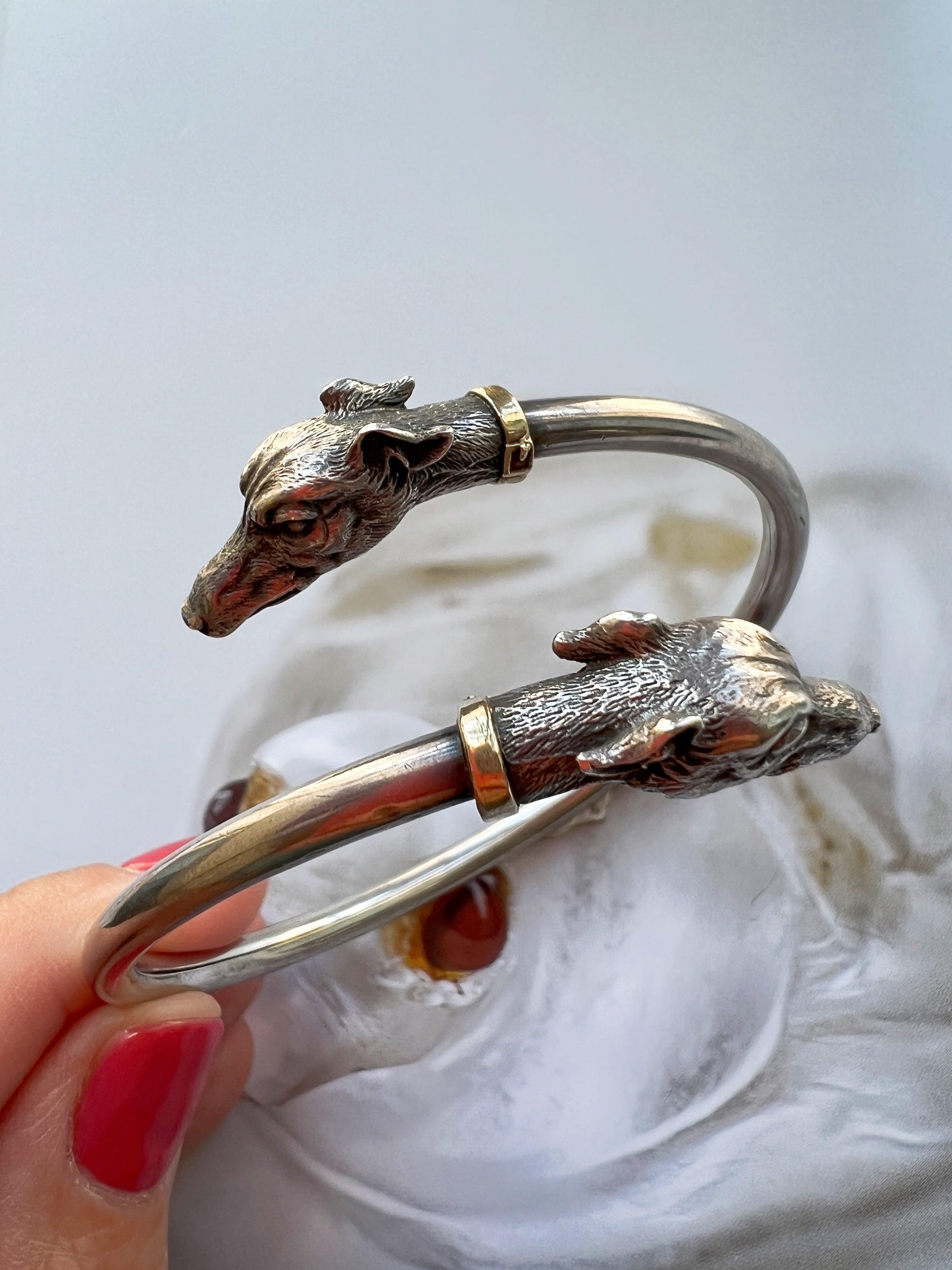 Magnificent vintage Sterling Silver double dog heads bangle bracelet - Curiously timeless