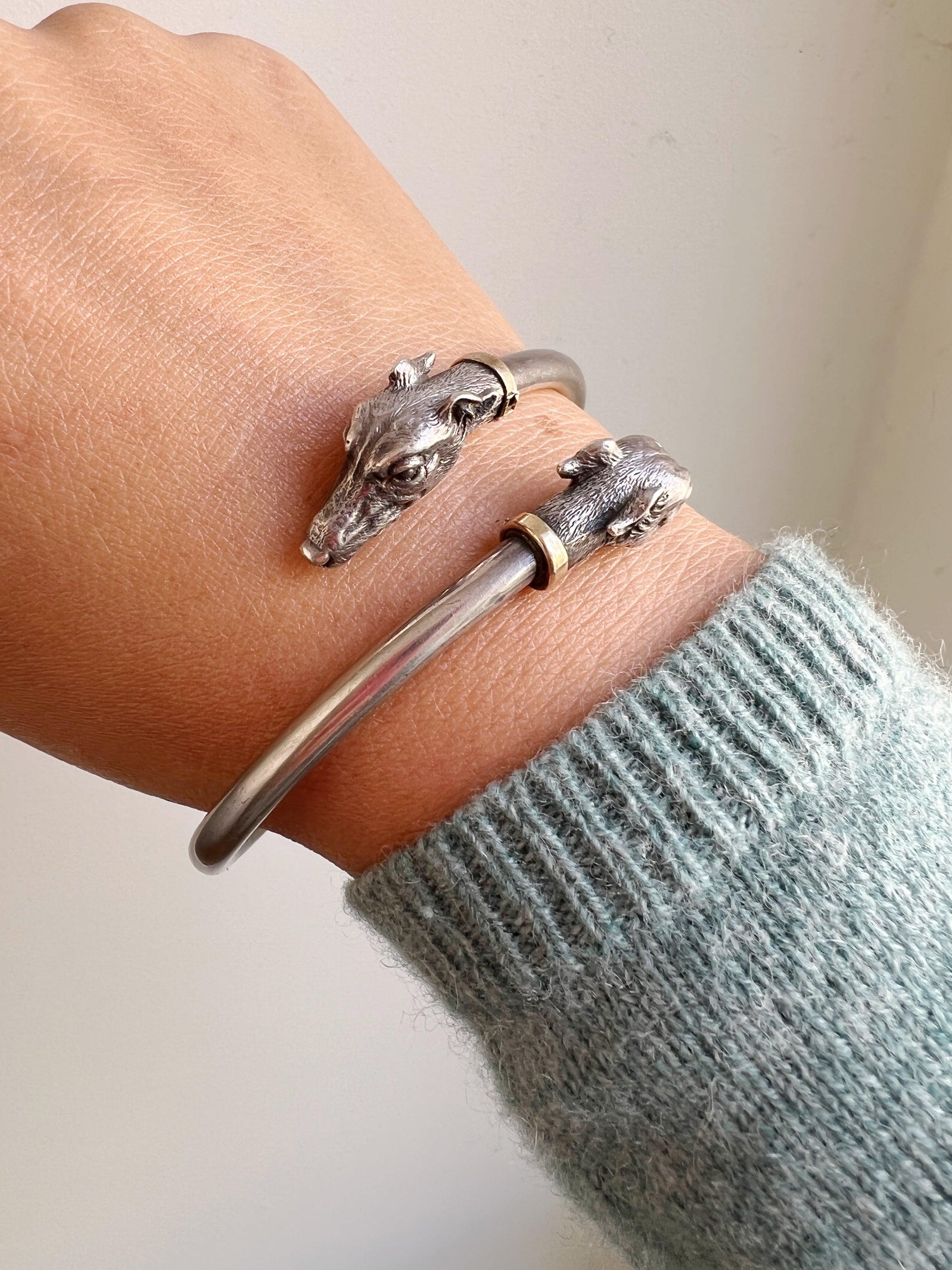 Magnificent vintage Sterling Silver double dog heads bangle bracelet - Curiously timeless