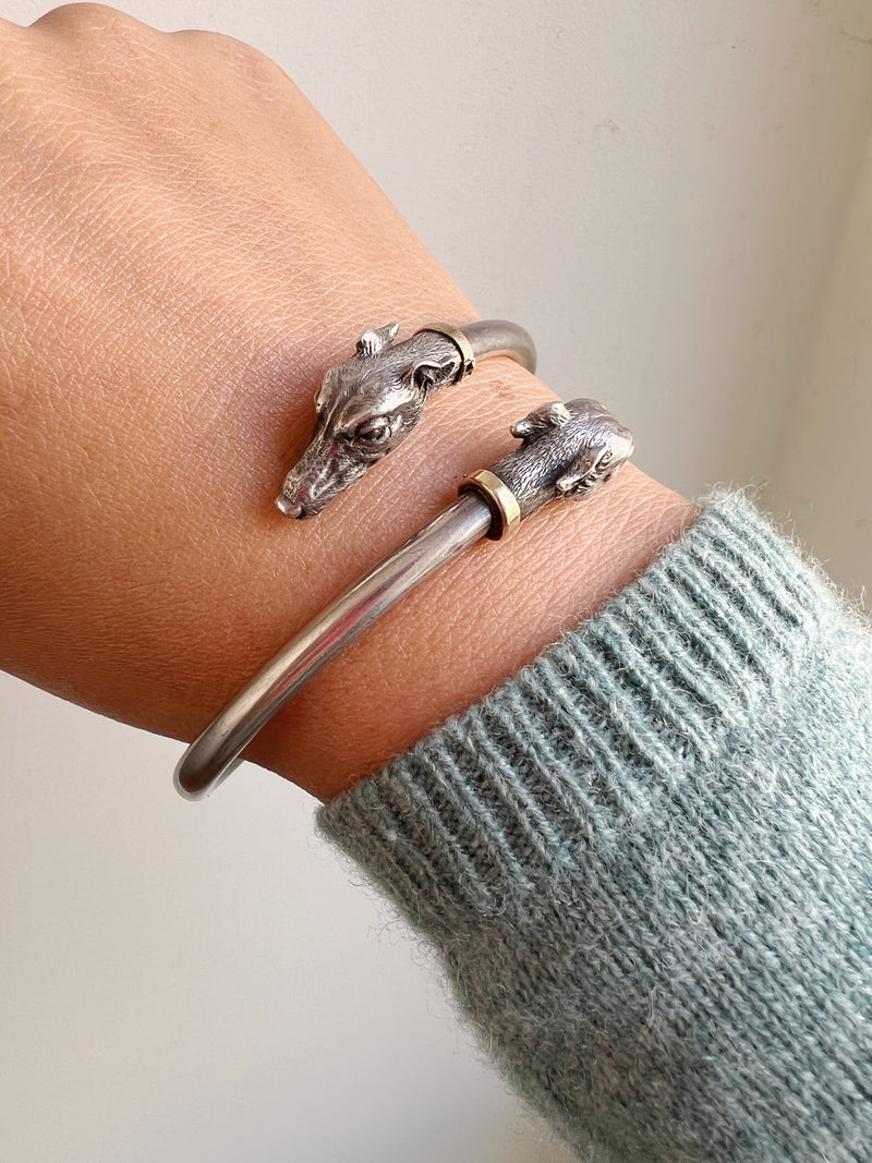 Magnificent vintage Sterling Silver double dog heads bangle bracelet