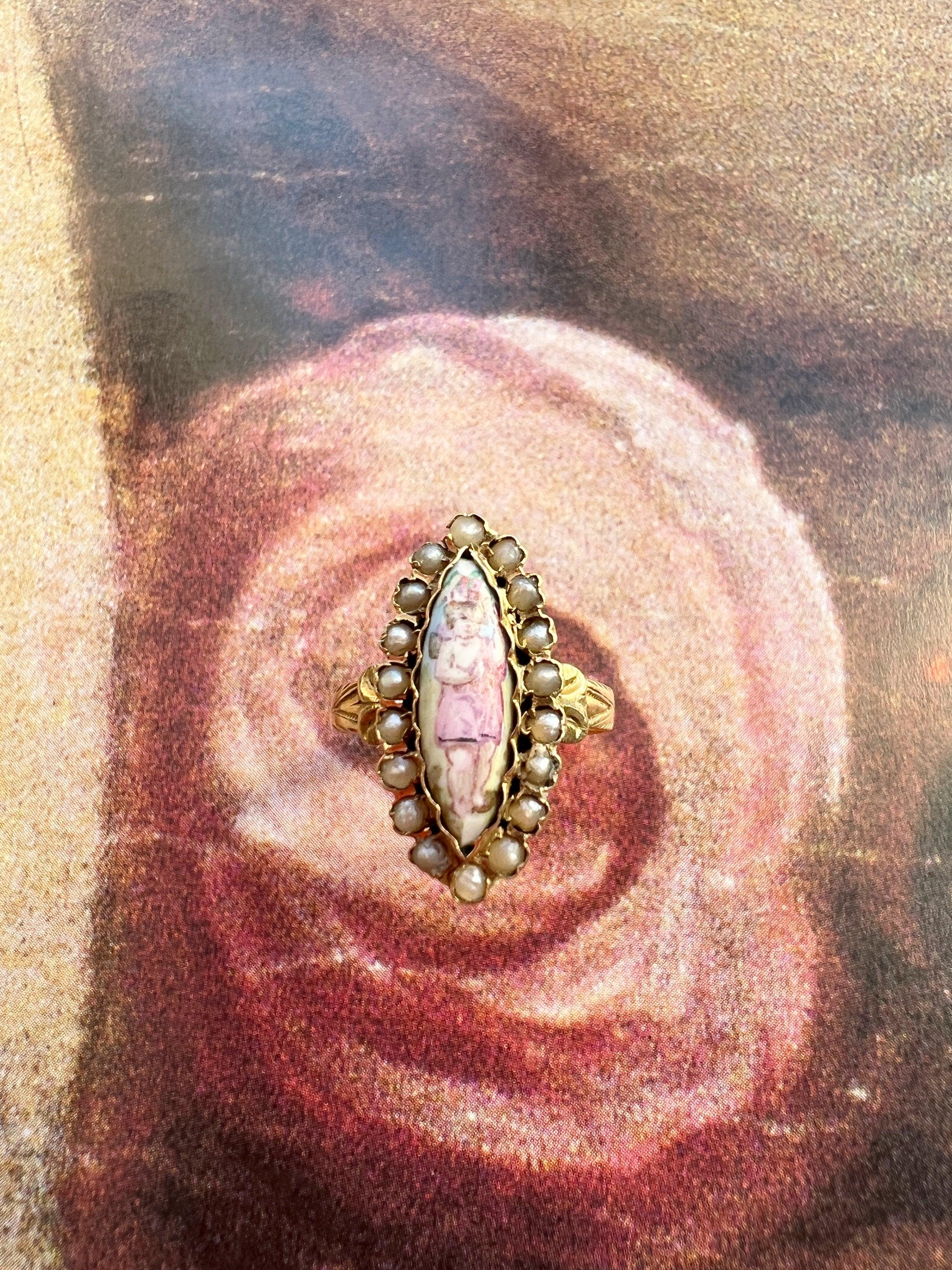 Sweet Victorian Seed Pearl Angel Enameled 18K gold ring - Curiously timeless