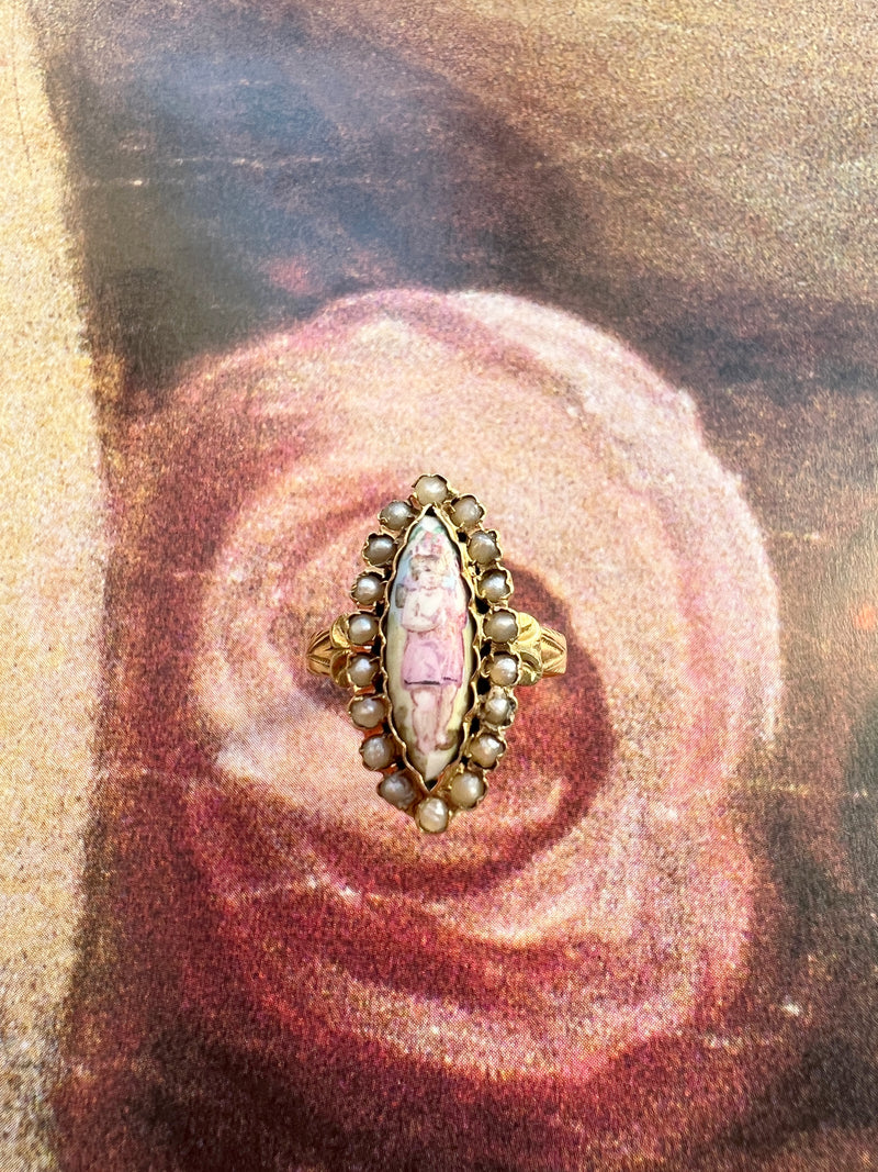 Sweet Victorian Seed Pearl Angel Enameled 18K gold ring