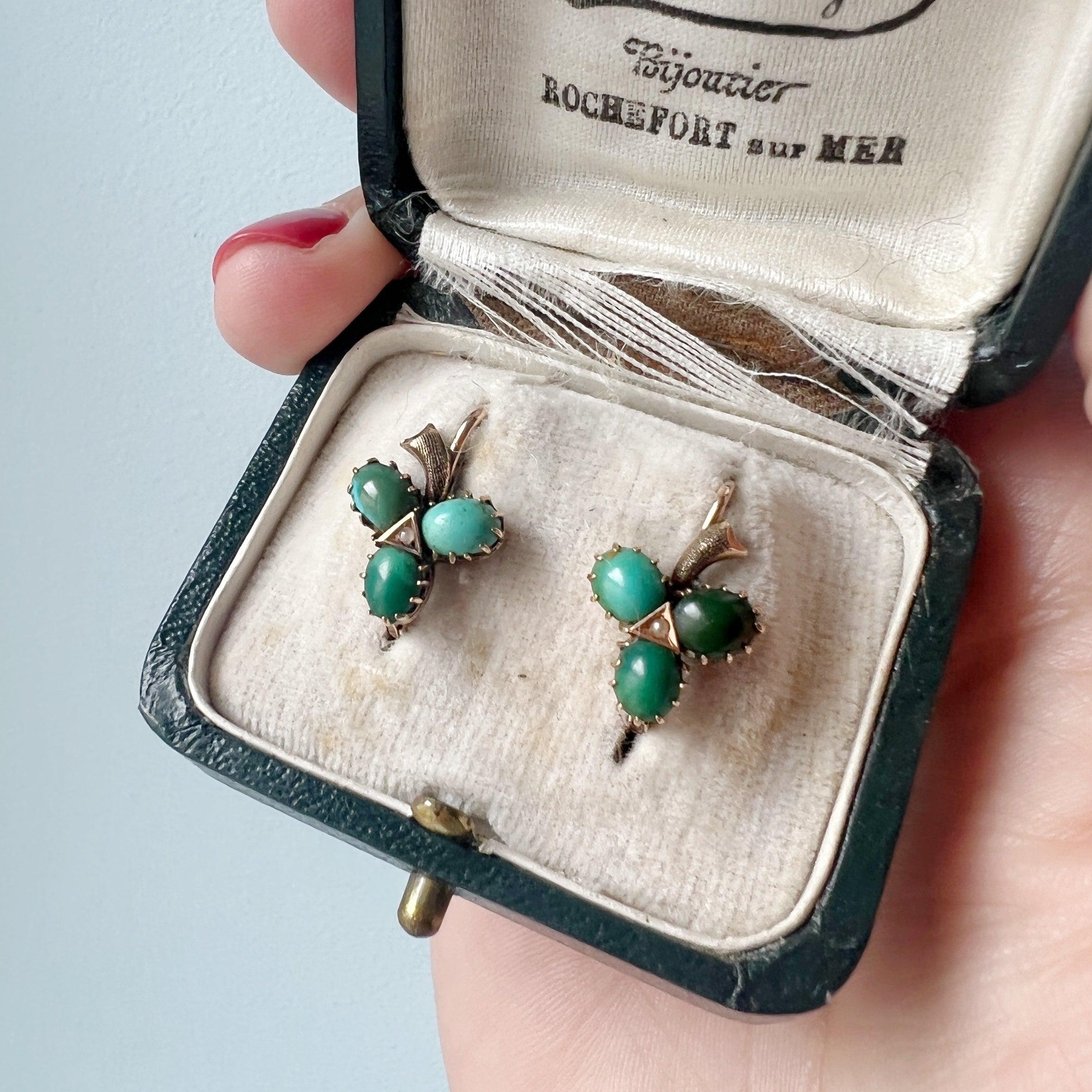 Lovely Victorian era 18K gold turquoise pearl clover earrings - Curiously timeless