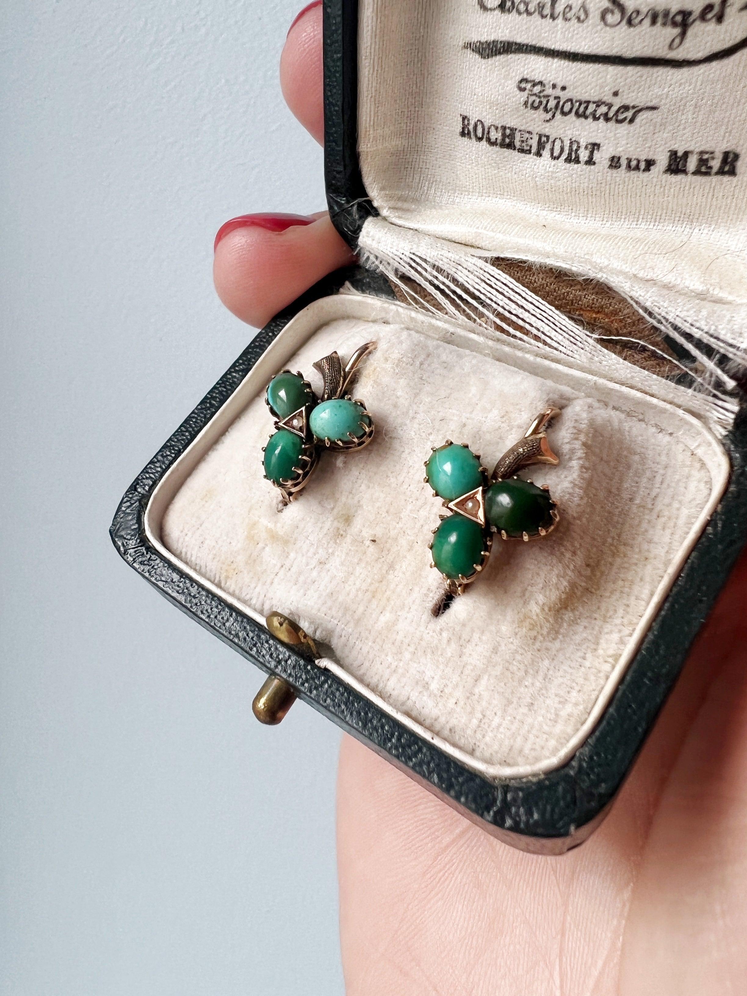 Lovely Victorian era 18K gold turquoise pearl clover earrings - Curiously timeless