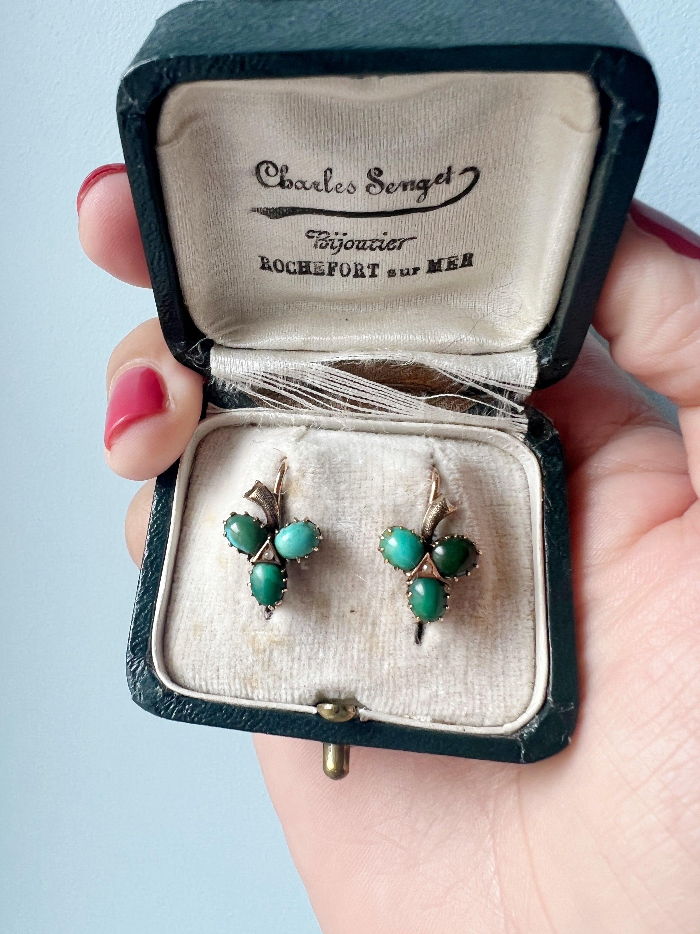 Lovely Victorian era 18K gold turquoise pearl clover earrings - Curiously timeless