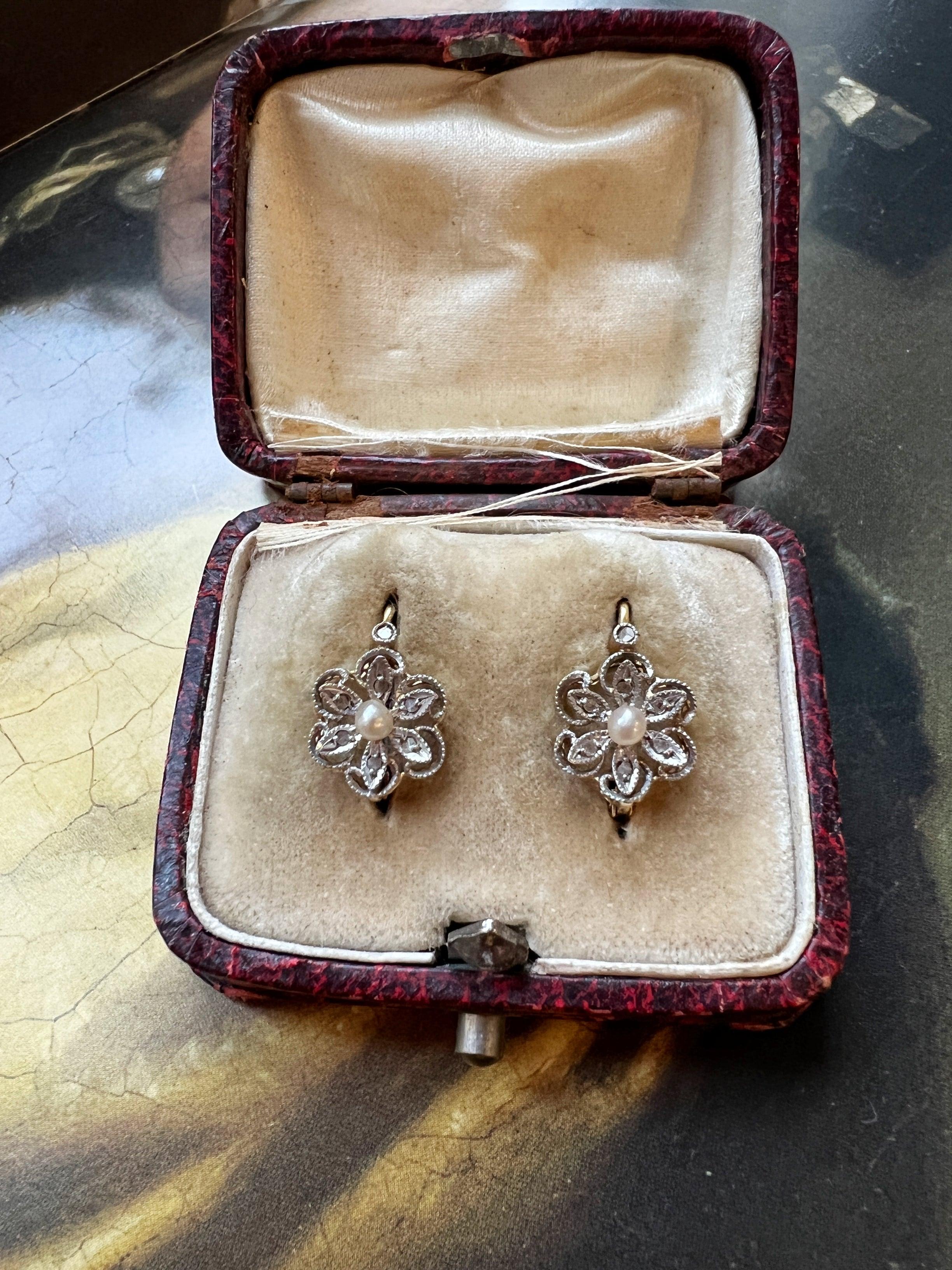 Boxed Art Nouveau 18K gold diamond seed pearl flower dangle earrings - Curiously timeless