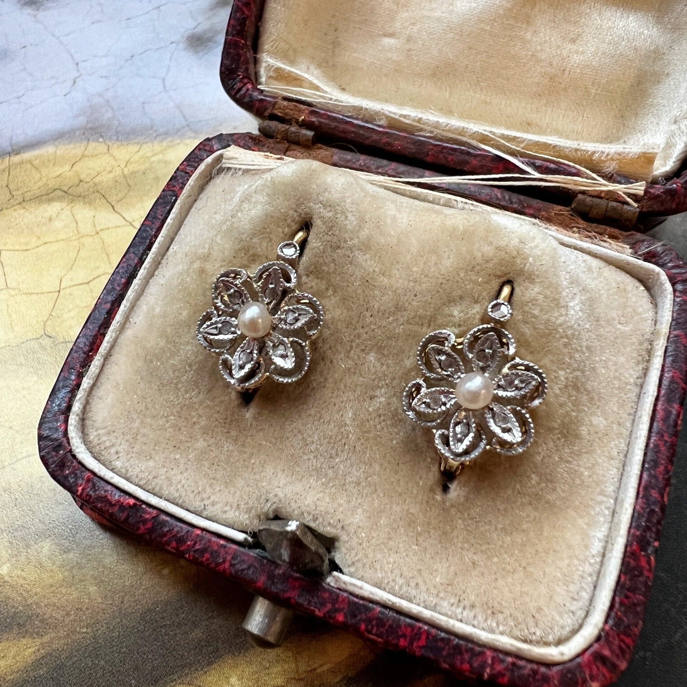 Boxed Art Nouveau 18K gold diamond seed pearl flower dangle earrings - Curiously timeless