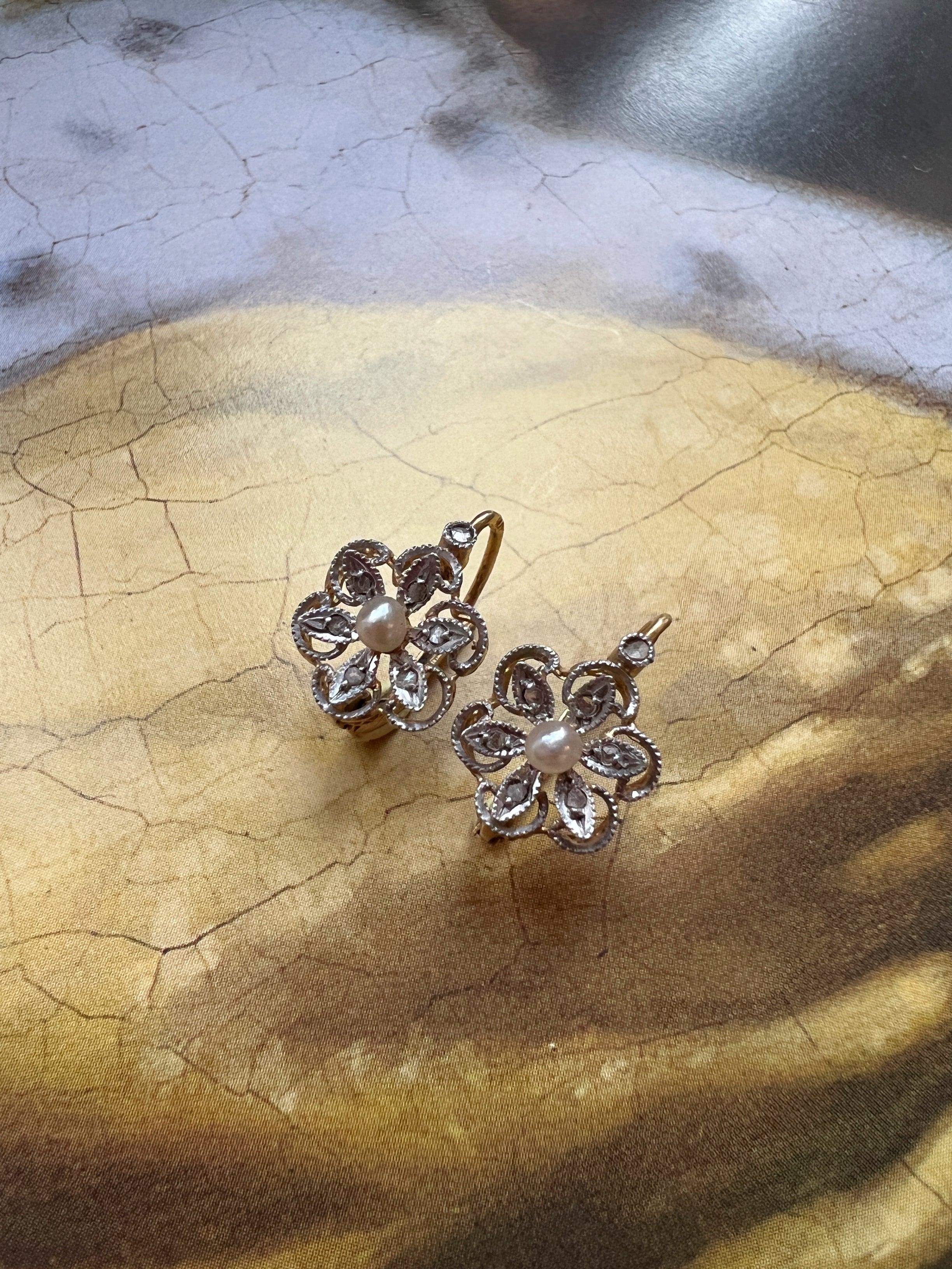 Boxed Art Nouveau 18K gold diamond seed pearl flower dangle earrings - Curiously timeless