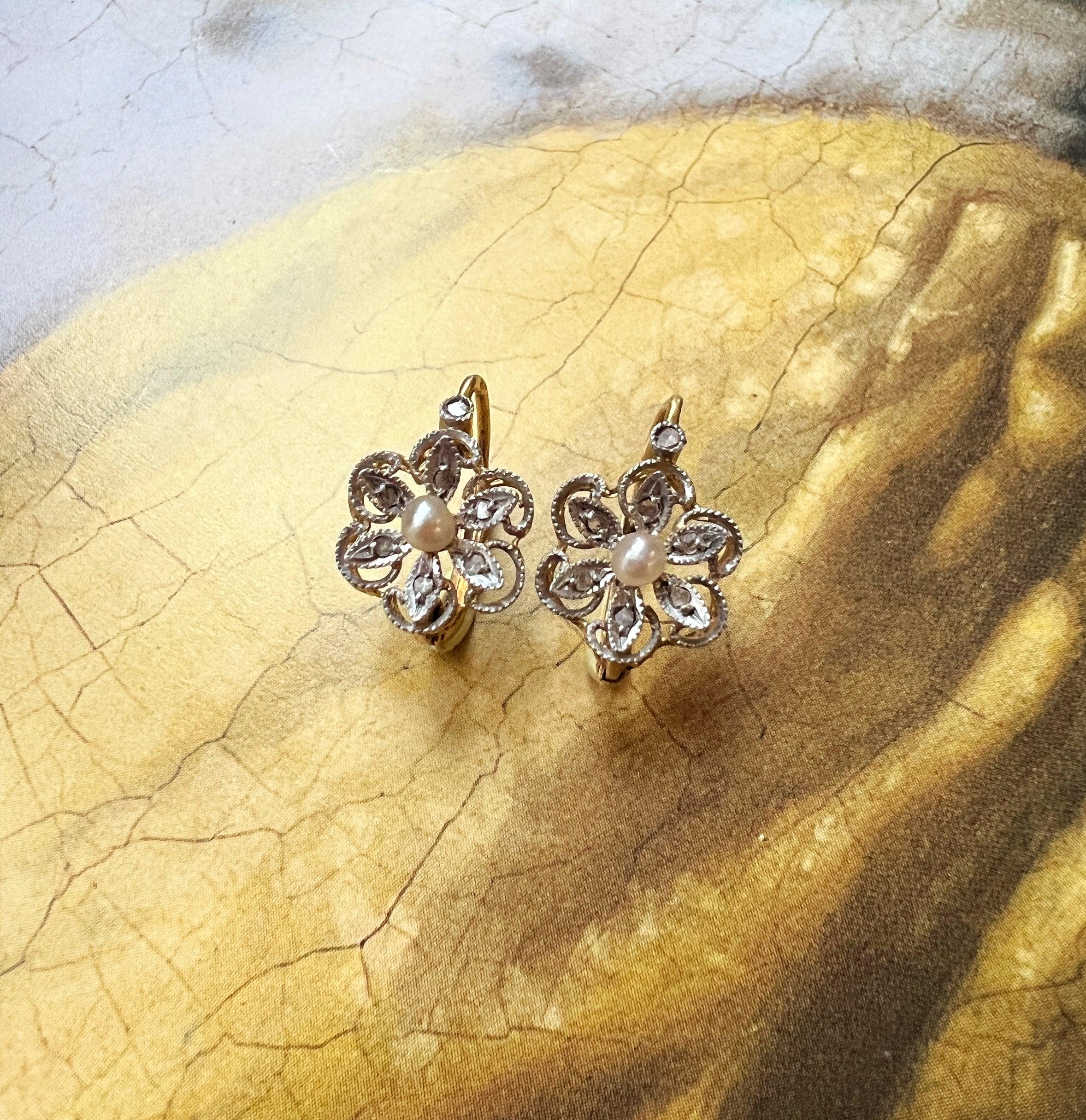 Boxed Art Nouveau 18K gold diamond seed pearl flower dangle earrings - Curiously timeless