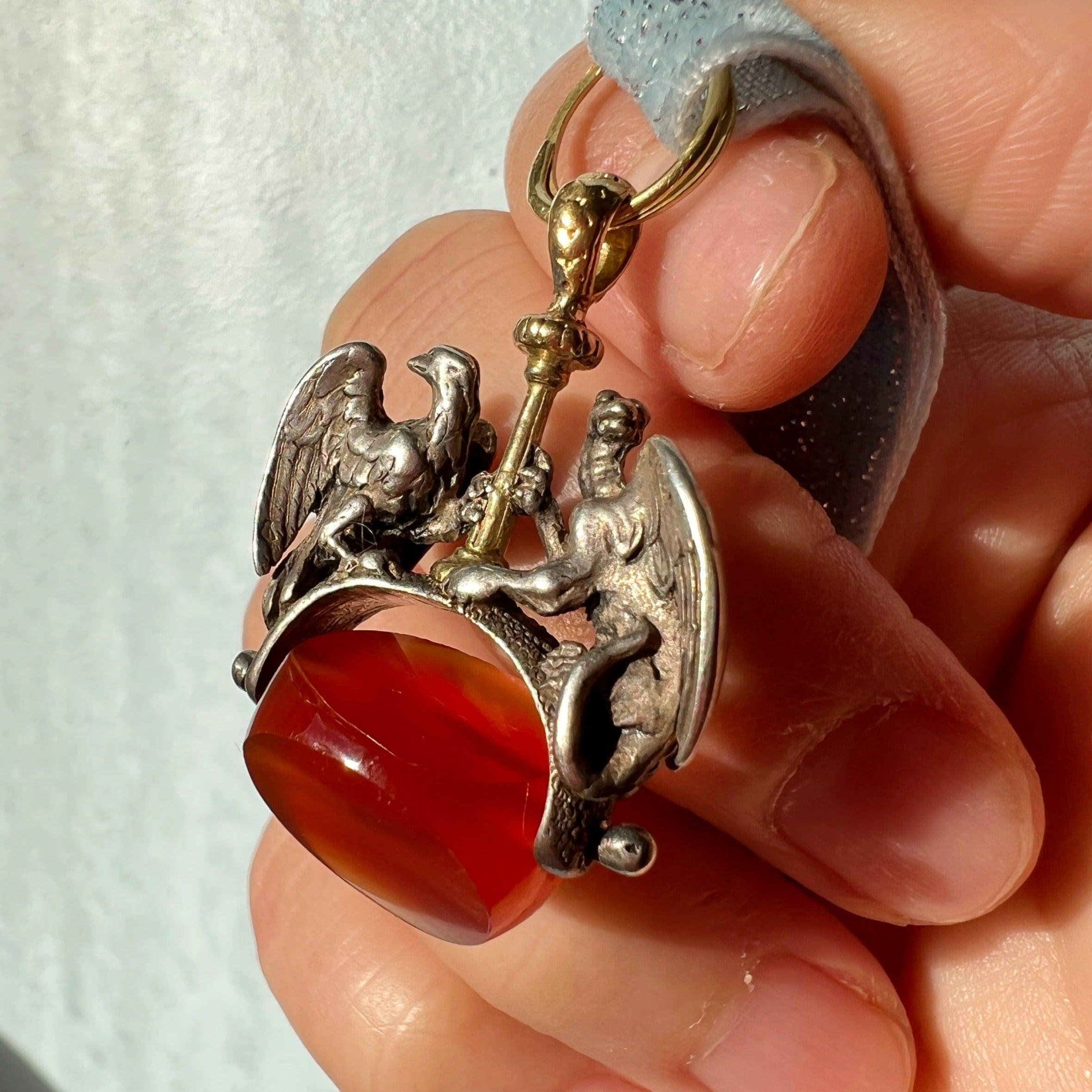 Rare Antique eagle and griffin carnelian seal stamp fob pendant - Curiously timeless