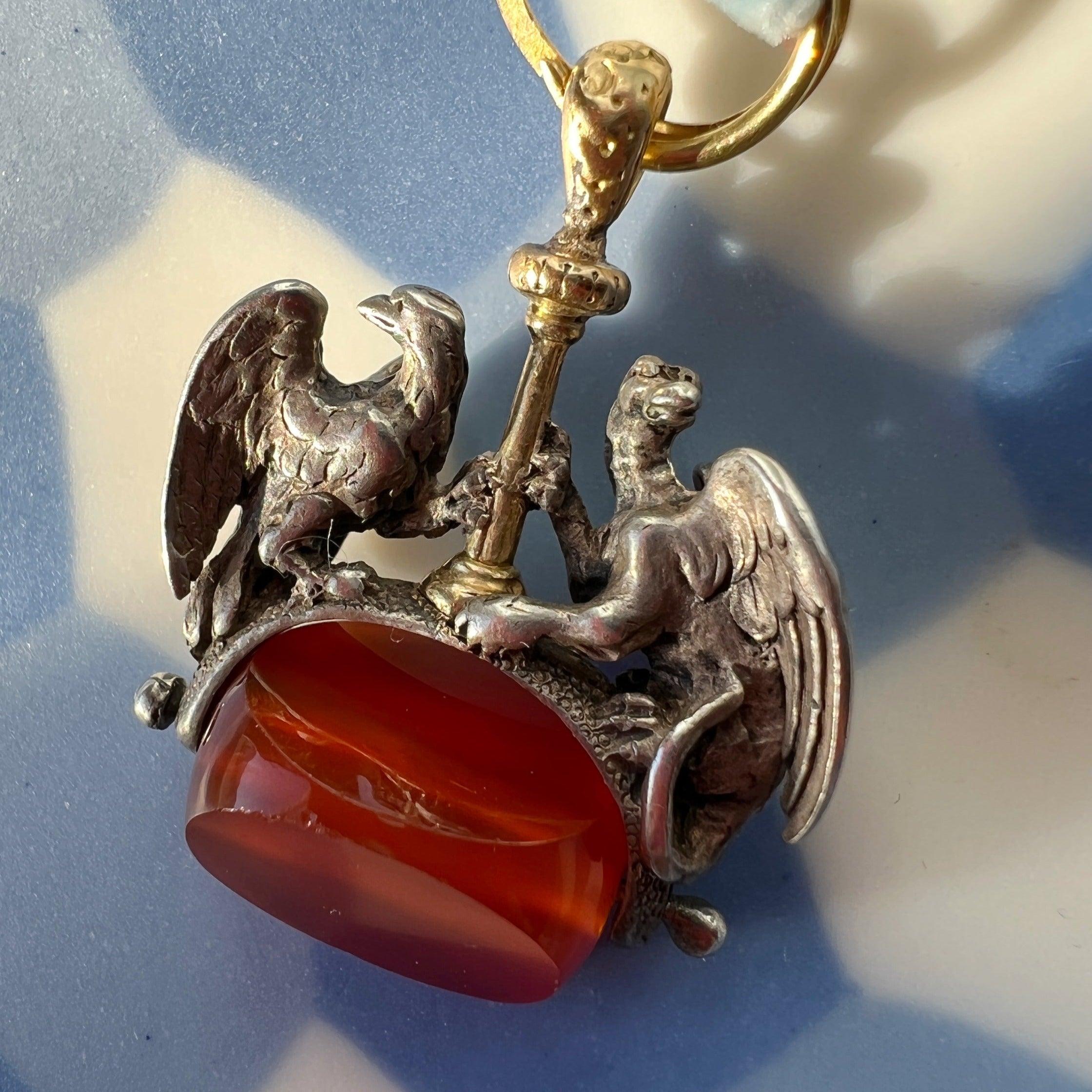 Rare Antique eagle and griffin carnelian seal stamp fob pendant - Curiously timeless