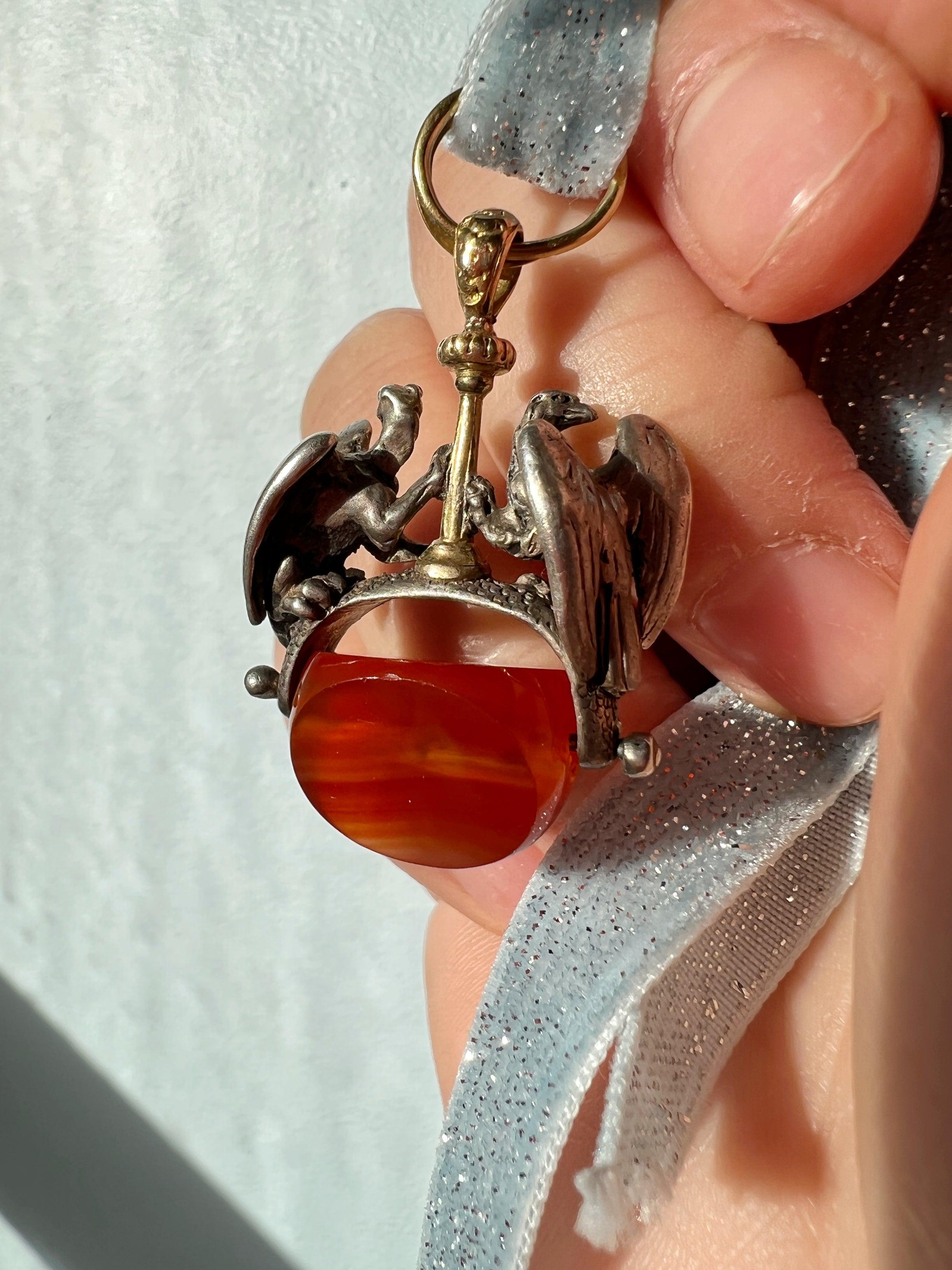 Rare Antique eagle and griffin carnelian seal stamp fob pendant - Curiously timeless