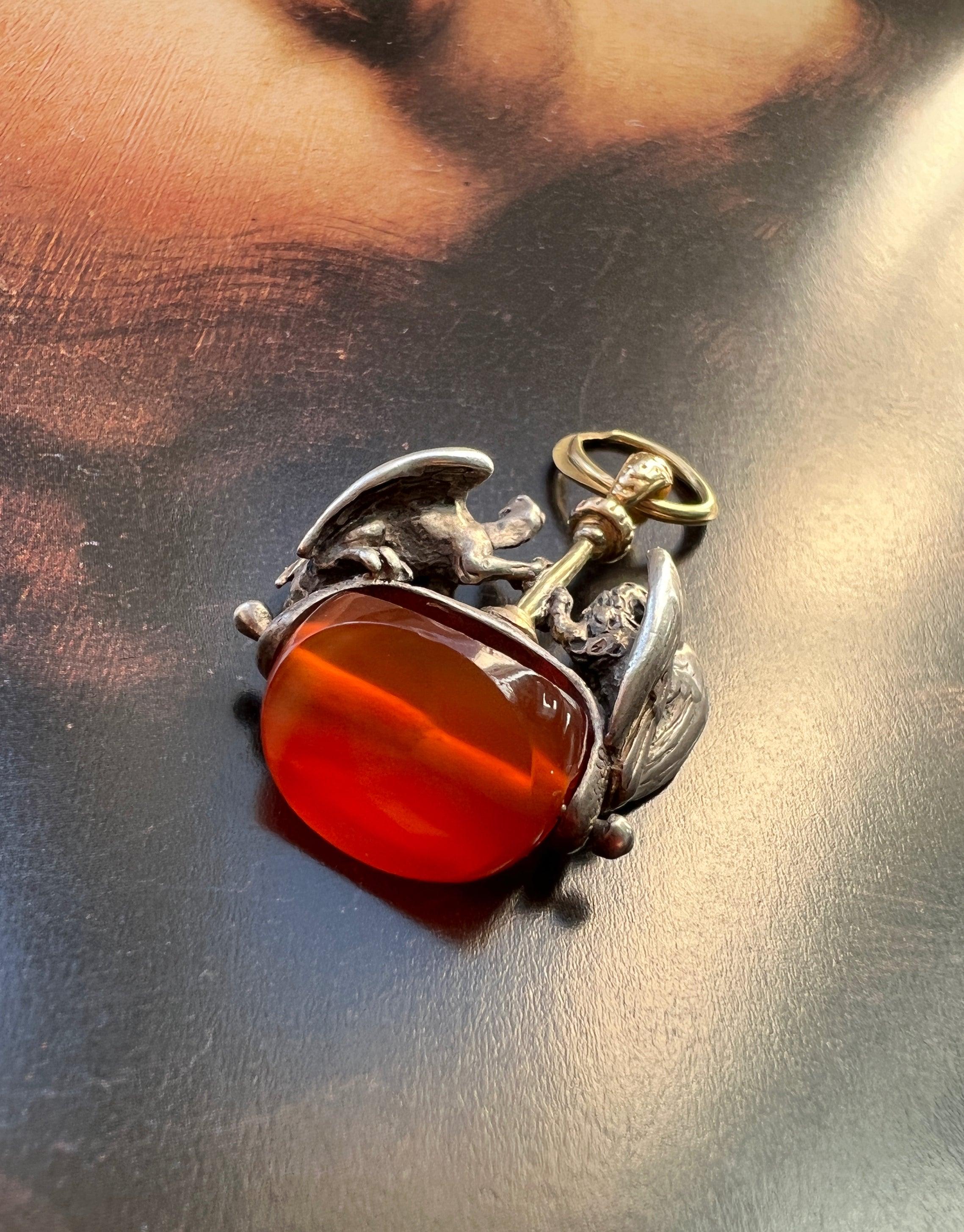 Rare Antique eagle and griffin carnelian seal stamp fob pendant - Curiously timeless