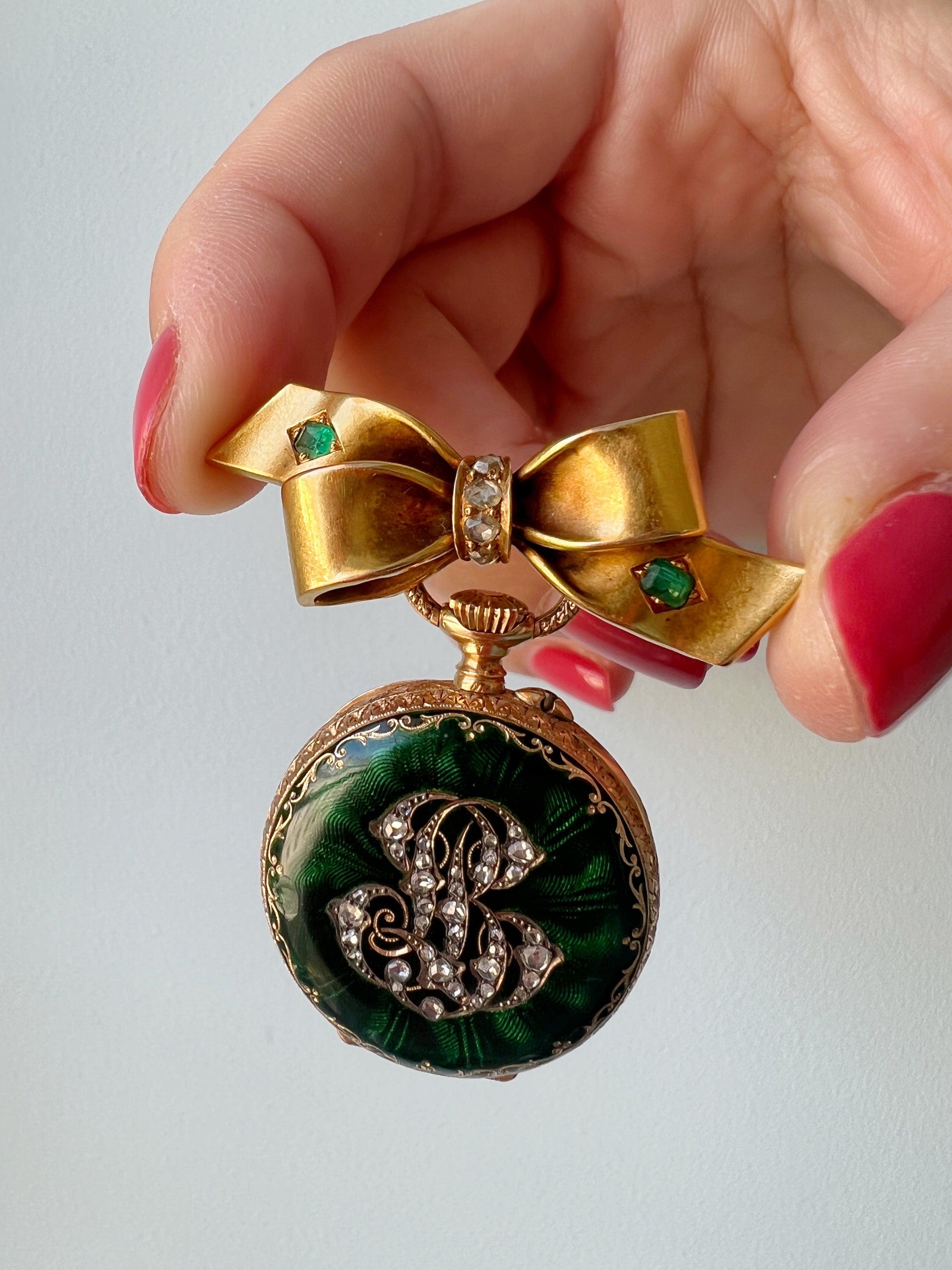 Antique 18K gold green enamel diamond monogram pocket watch pendant - Curiously timeless