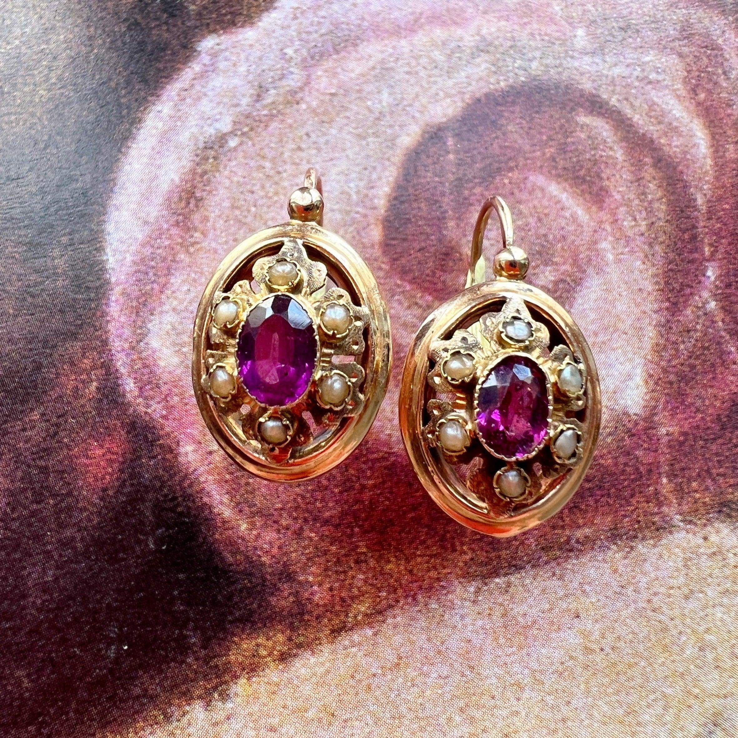 Beautiful Art Nouveau 18K gold Garnet Seed Pearl Dangle earrings - Curiously timeless